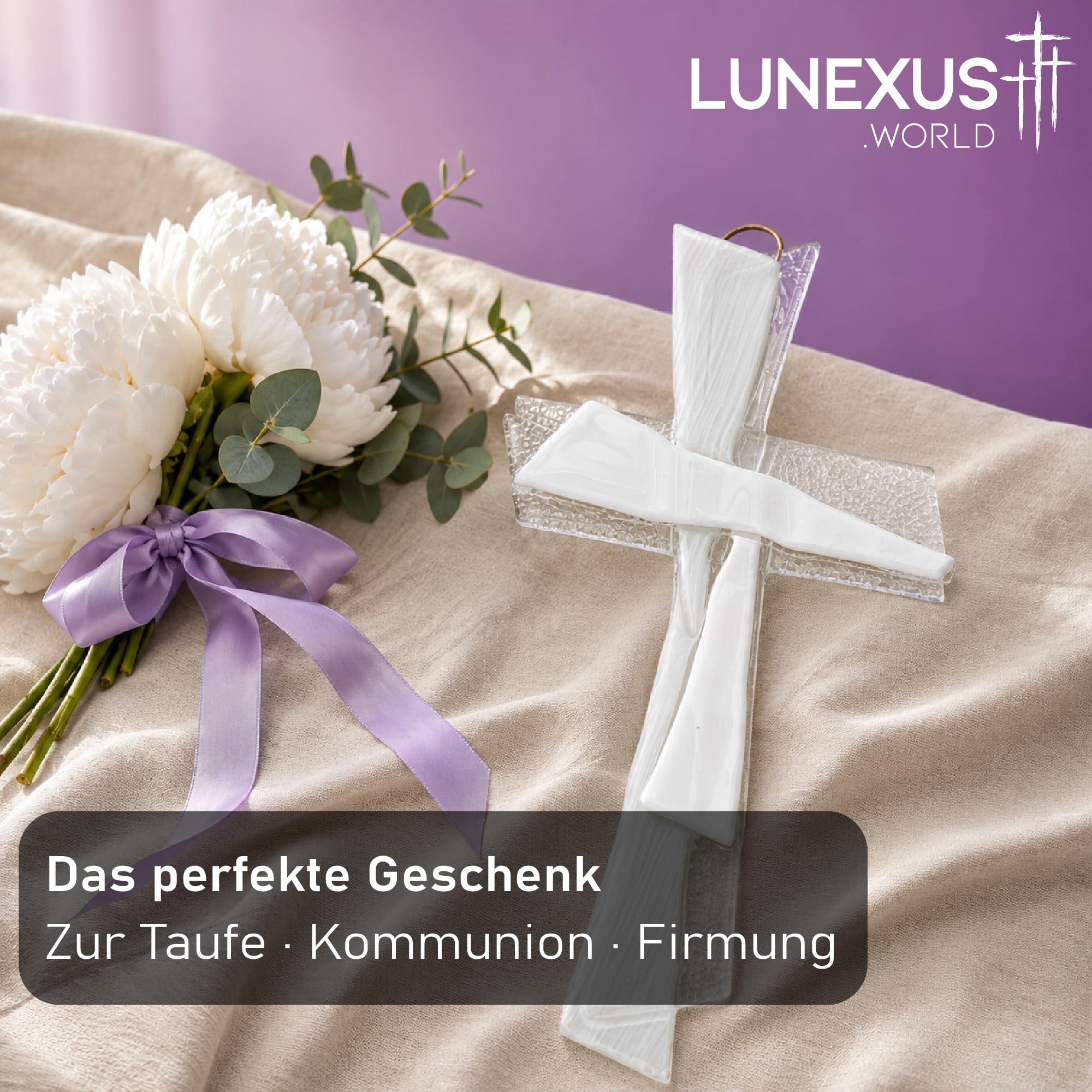 Lunexus Croix en verre blanc transparent 27 x 12 cm Cadeau de baptême communion confirmation Croix murale blanche faite à la main Allemagne certificat bénédiction