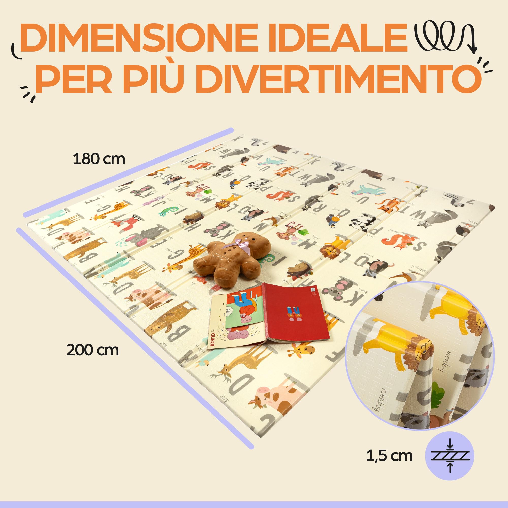 Tappeto da gioco bambini 180×200×1,5 cm pieghevole reversibile atossico impermeabile antiscivolo palestra neonato tummy time bambini arco giochi neonato 0-3/3-6/6-9 mesi sviluppo sensoriale - 3