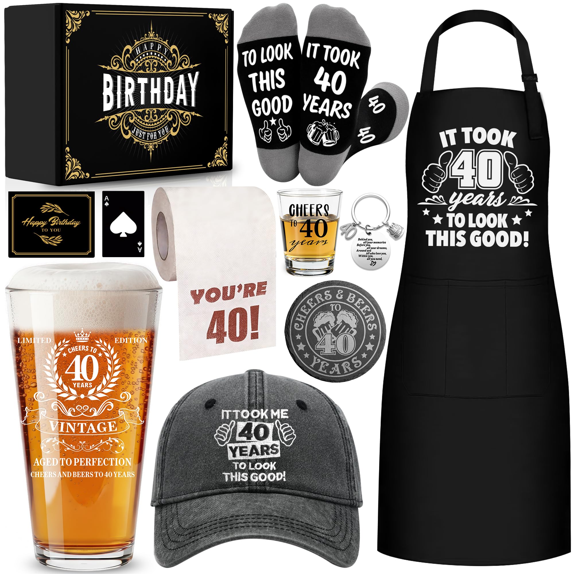 40th Birthday Gifts for Men Beer Glasses Set, Birthday Party Supplies, 16 Oz Beer Glass 1.7 Oz Shot Glass Coaster Baseball Cap Apron Sock Toilet Paper for Him, Son, Husband, Boyfriends, Brother