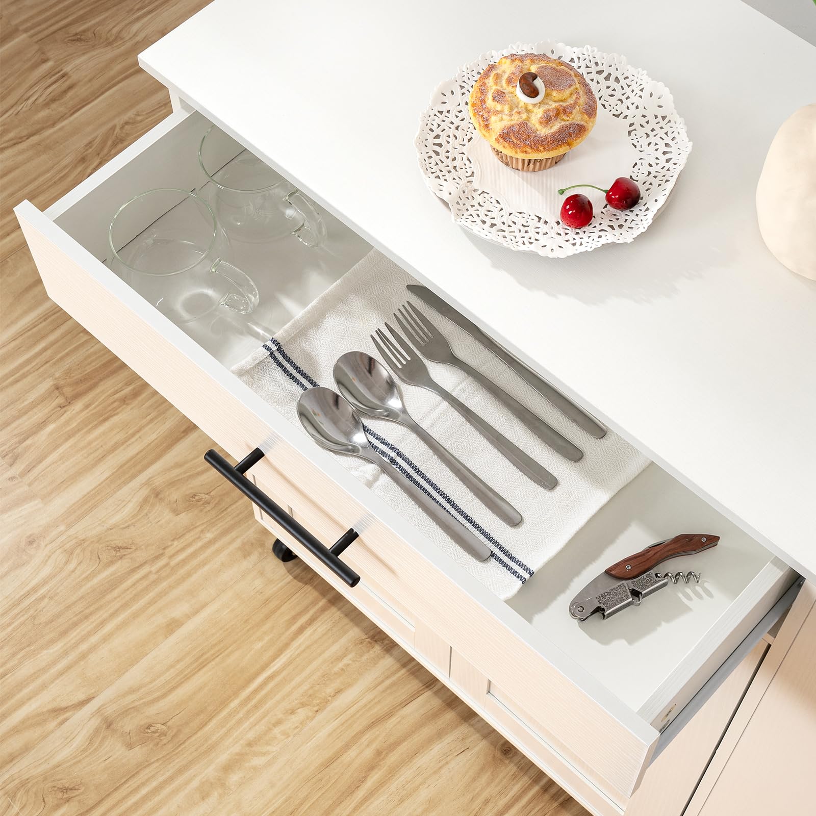 HOOBRO Isola Cucina con Prese Elettriche, Carrello da Cucina con Cassetti e Porta Spezie, 80,8 x 38 x 86 cm, Bianco EWT82CZD01