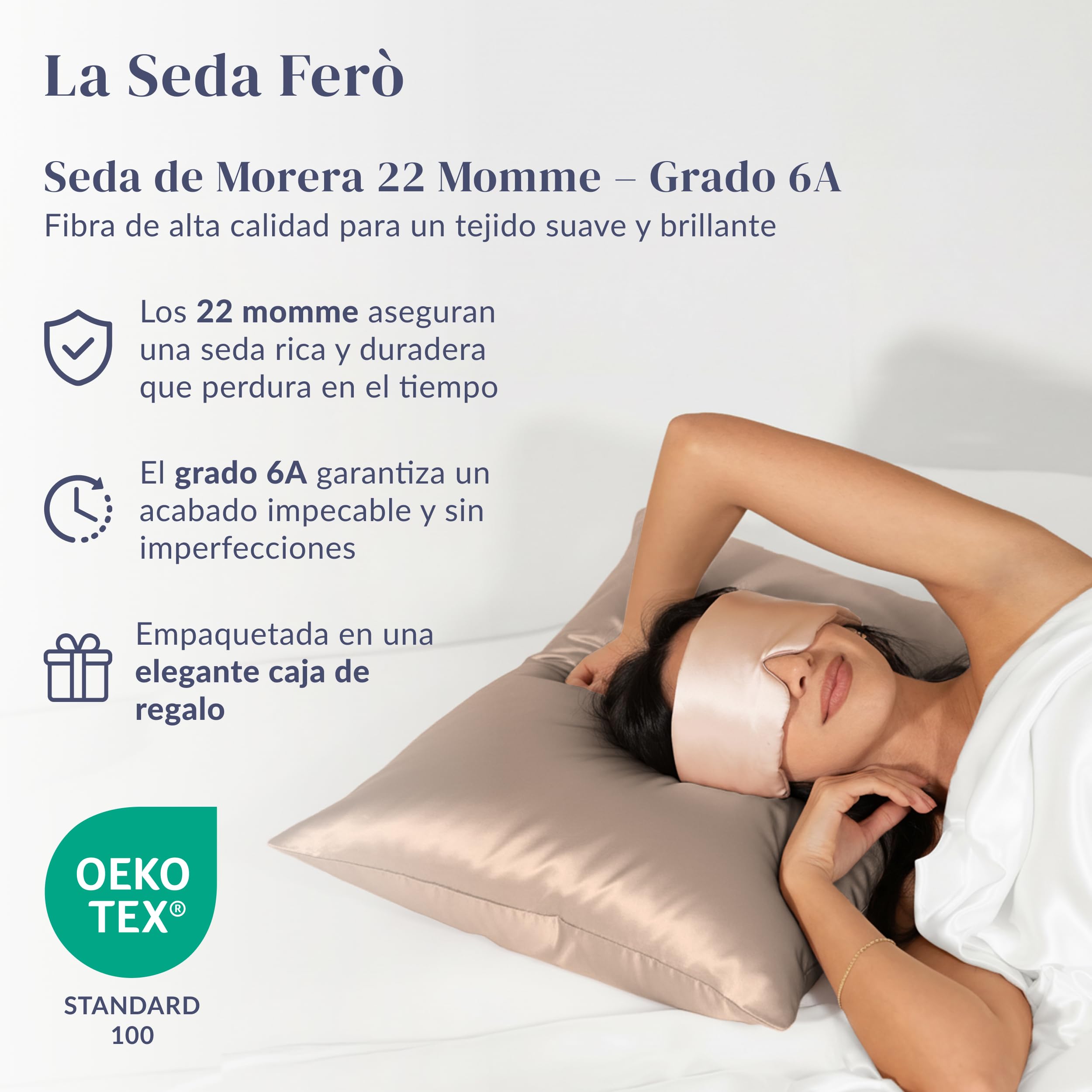 Funda de Almohada de Seda Ferò, 50 x 80 cm, 100% Seda Natural de Morera, 22 Momme, Grado 6A, Beige