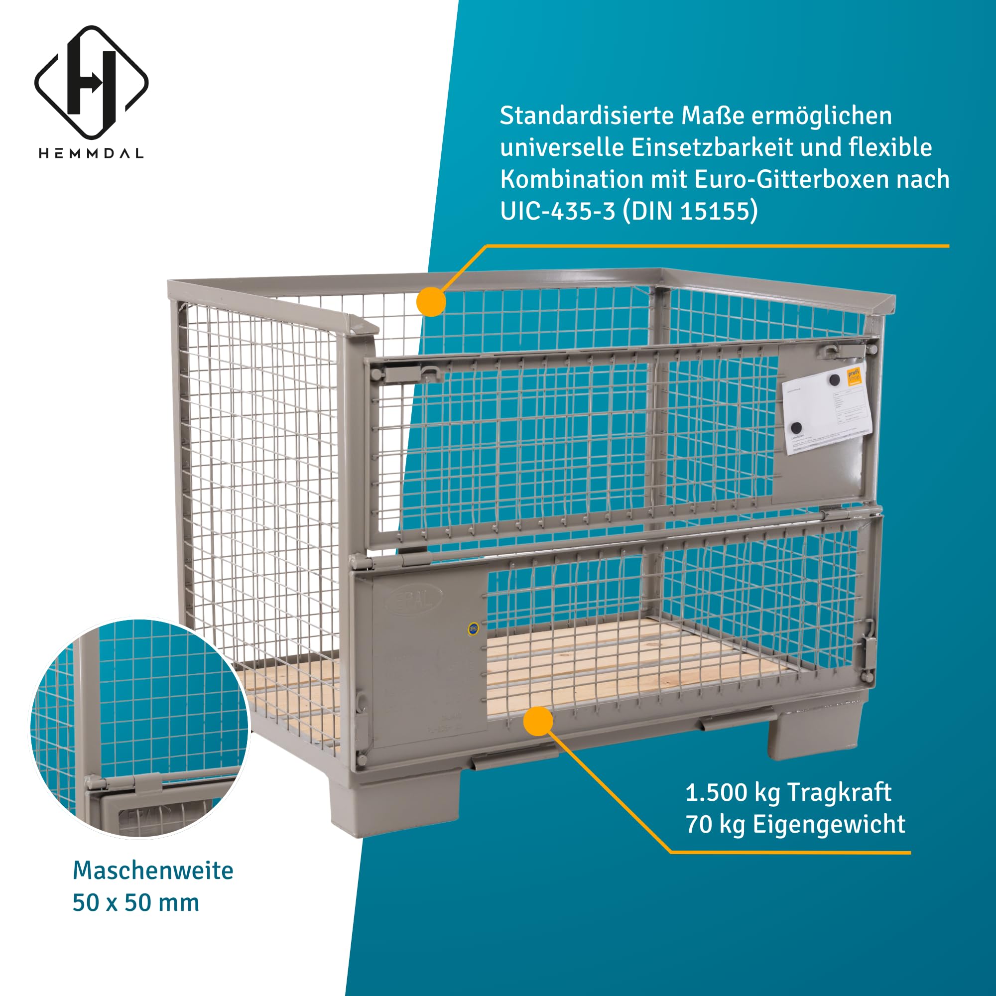 HEMMDAL Euro-Gitterbox mit 2 Doppelvorderwandklappe | 1.500 kg Tragkraft | HxBxT 97 x 124 x 83,5 cm | Grau | 5 x 5 cm Maschenweite | aus Stahl | stapelbar | tauschfähig | Gitterbehälter