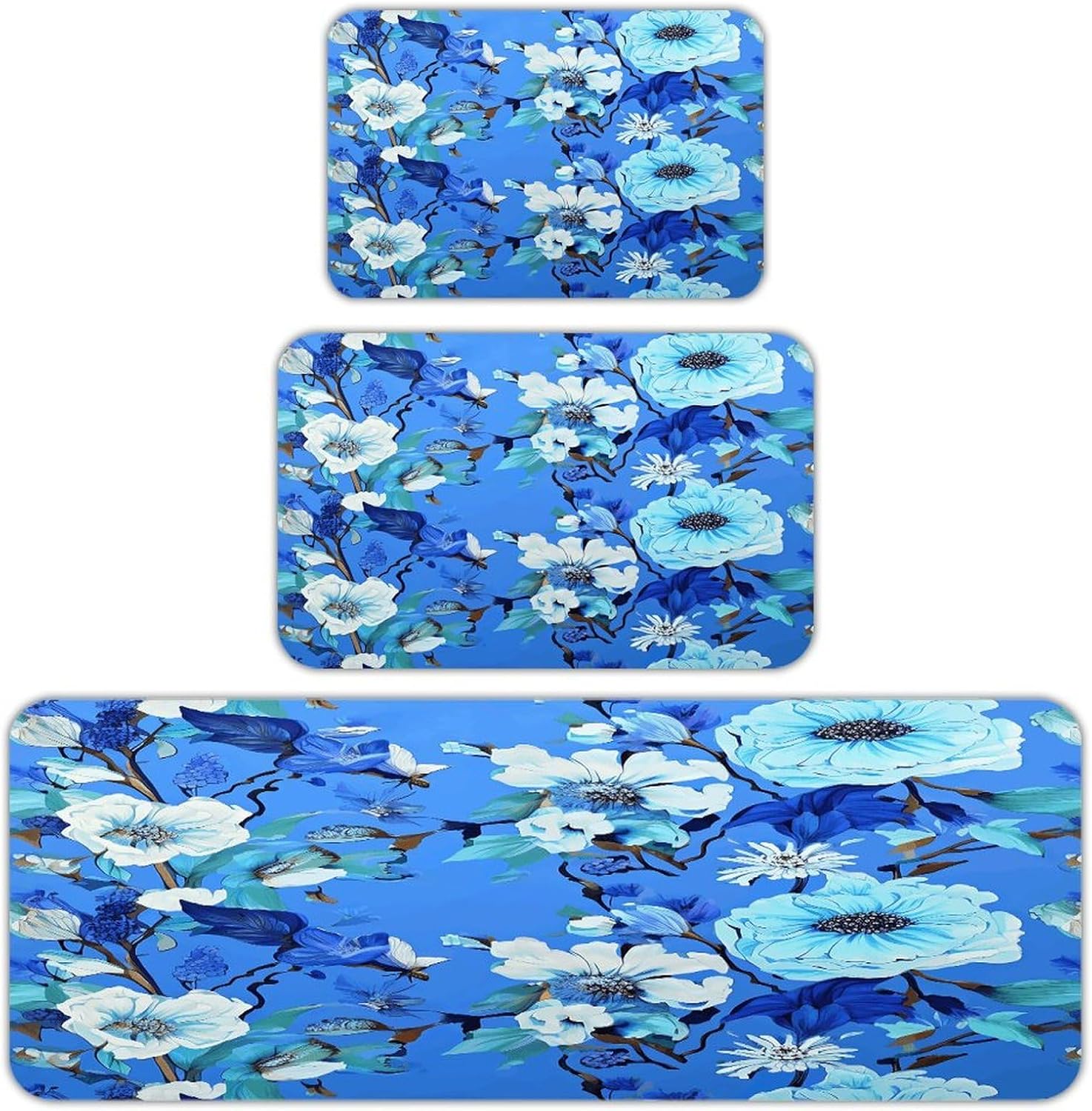 Blue Floral 3-Piece Kitchen Rug Indoor Door Mat | Non-Slip Kitchen Mat for Profile Absorbent, Moisture-Wicking and Breathable for Bathroom Laundry Room Bedroom Home Decor