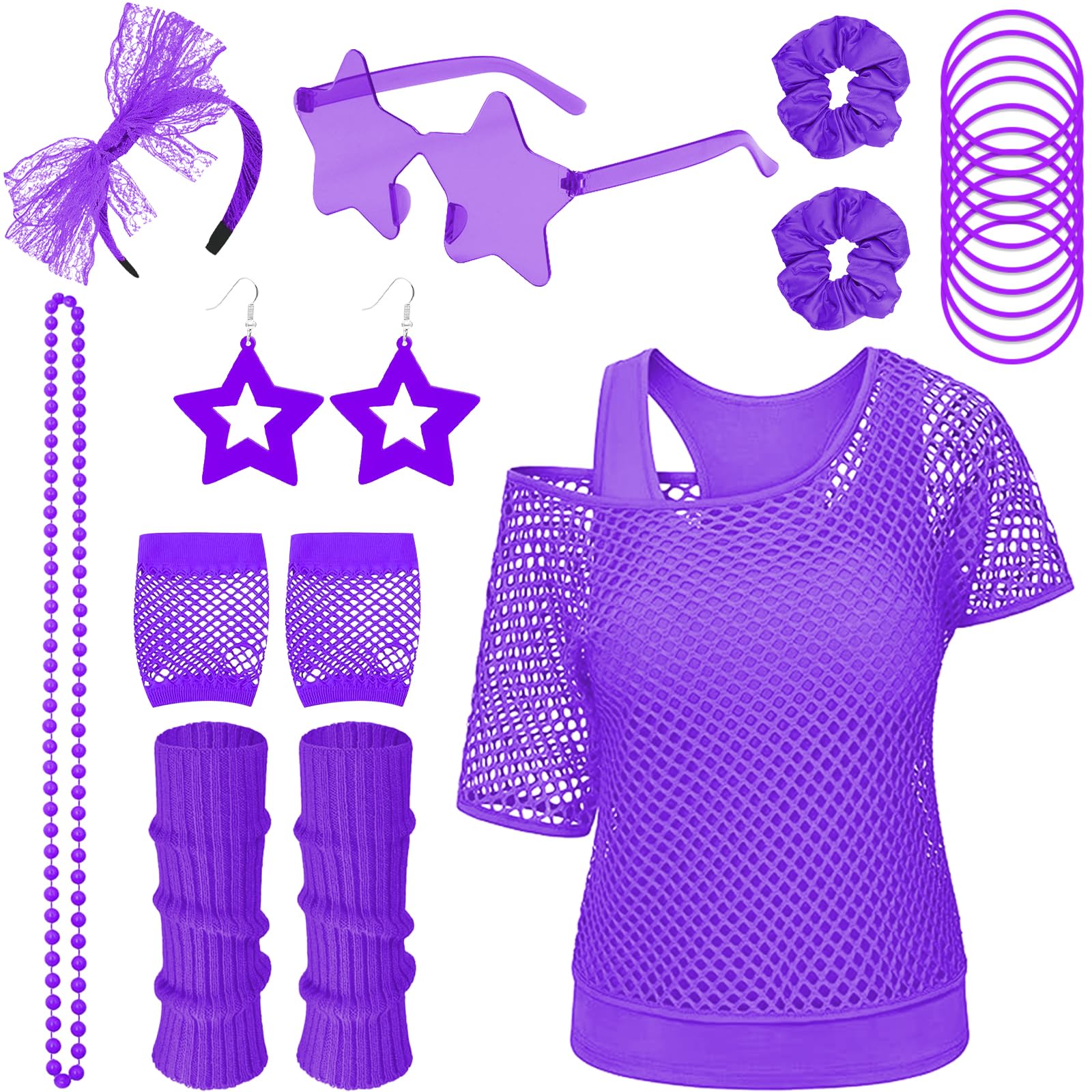 Saier tbo 20Pcs 80s Costume Accessories Set for Women 1980s Fancy Dress Outfit Kit with Fishnet Top Tank Top Leg Warmers Fishnet Gloves for Girls 80s Theme Party Disco Party Cosplay Dress Up