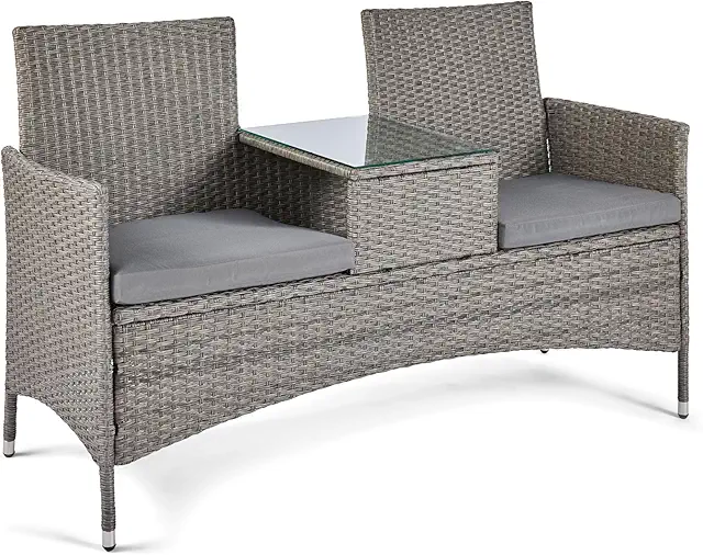 VonHaus Grey Wicker Loveseat with Glass Table - Weatherproof Outdoor Jack and Jill Seat