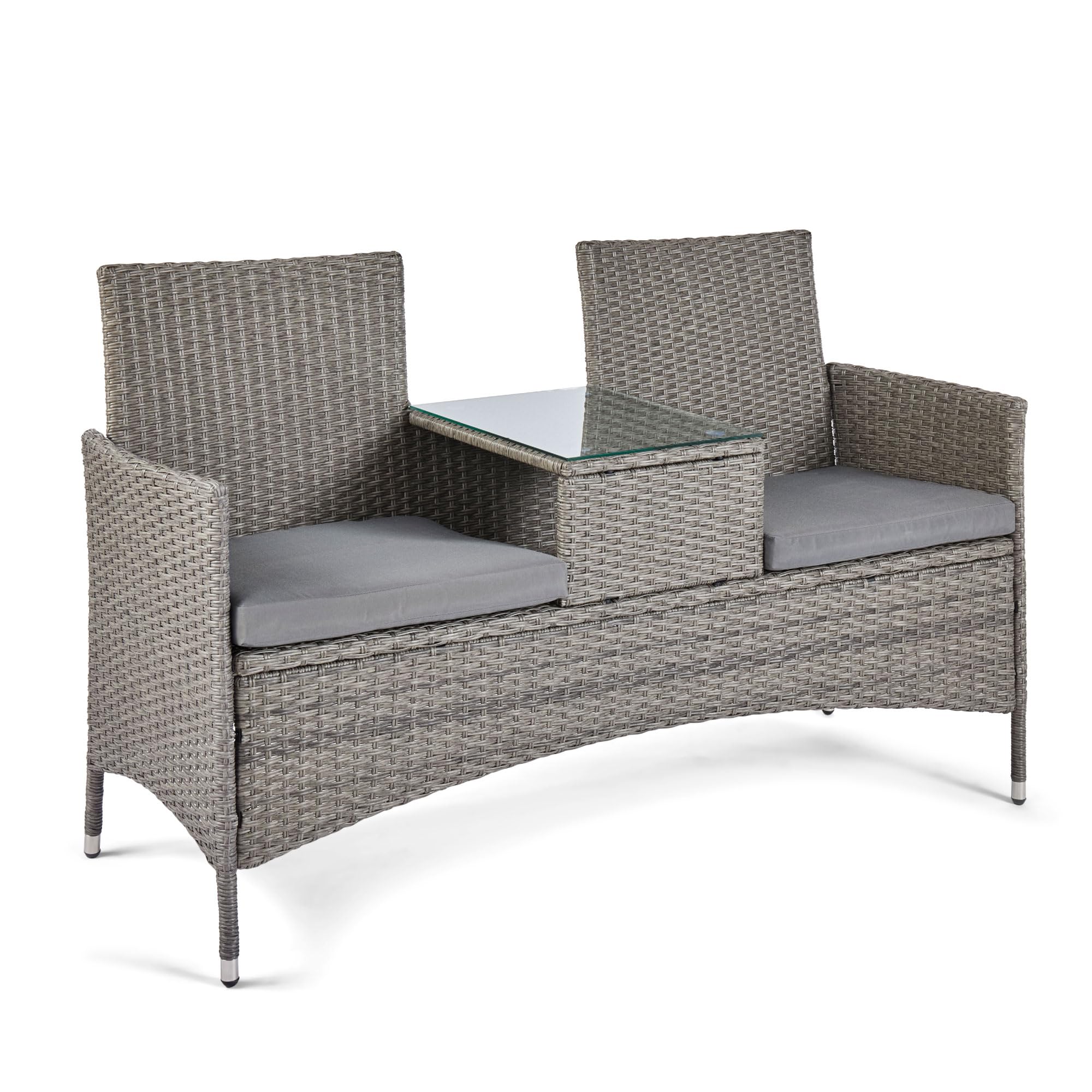 VonHaus Rattan Love Seat for Garden - Grey PE Wicker Outdoor Jack and Jill Seat for 2 People - Weatherproof Loveseat with Glass Tabletop for Patio & Terrace - Tete a Tete with Removable Cushions