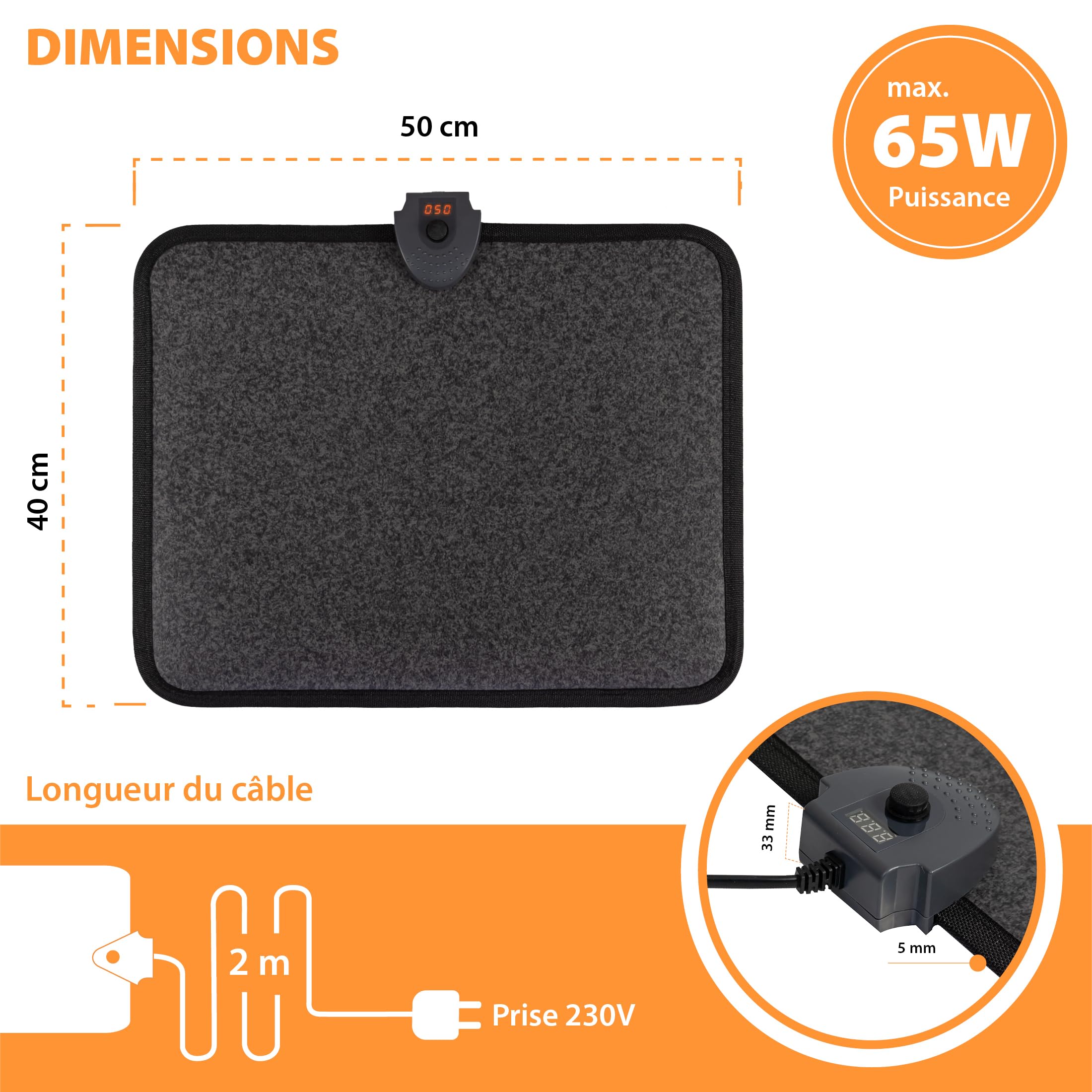 Mi-Heat Tapis Chauffant Électrique PVC 40x50 cm – Chauffe-Pieds avec Interrupteur à Pied & Minuterie – Tapis de Sol Imperméable pour Bureau et Chat, Facile à Nettoyer (max. 45°C)