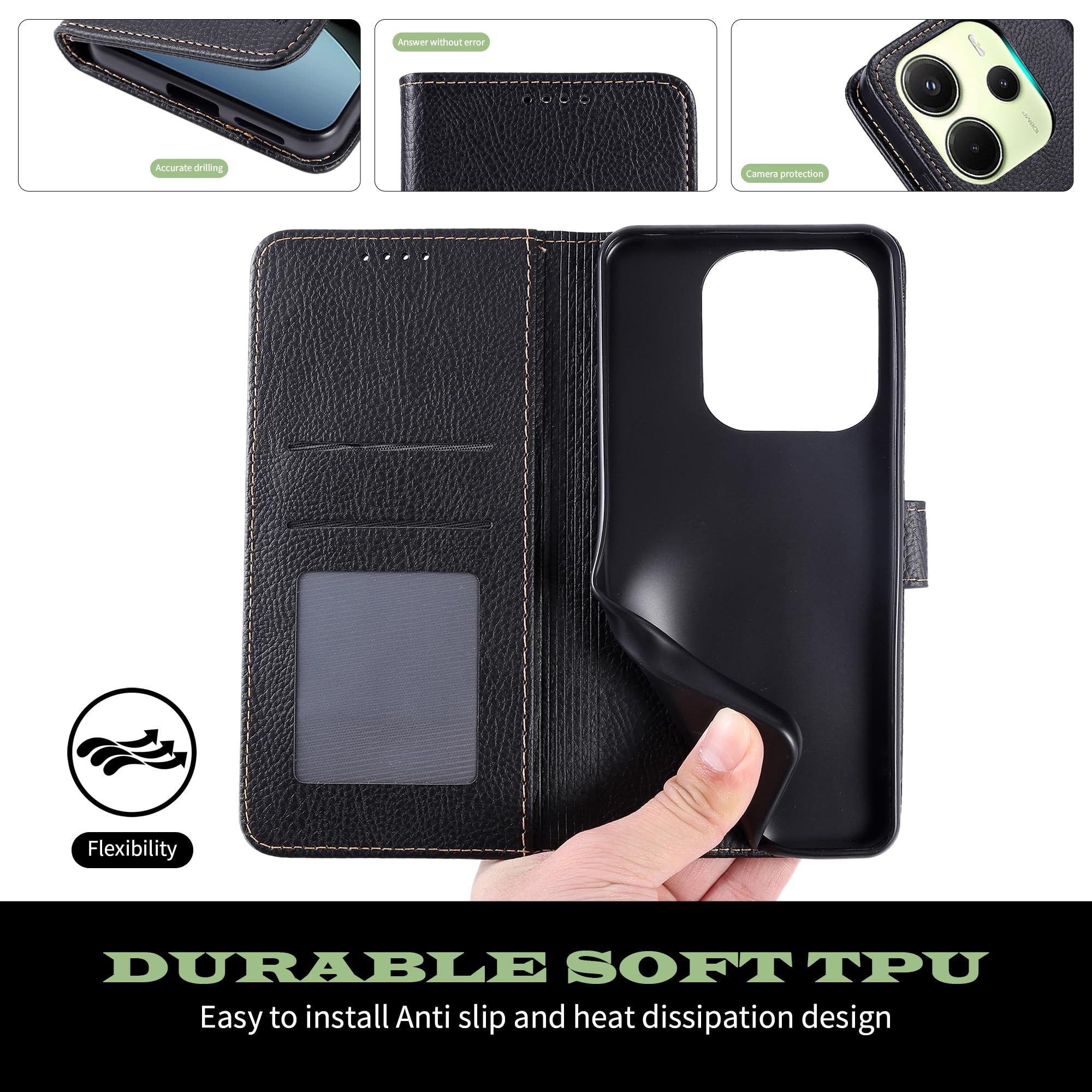 Hülle Für Xiaomi Redmi Note 14 4G – PU Leder Flip Case Mit Kartenfach & Standfunktion, Schwarz