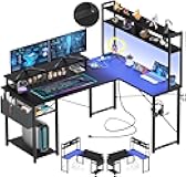 Small L Shaped Gaming Desk with LED Lights & Power Outlets, Reversible L-Shaped Computer Desk with Monitor Stand & Storage Shelf, Corner Desks Home Office Desk with Storage Bag, Black