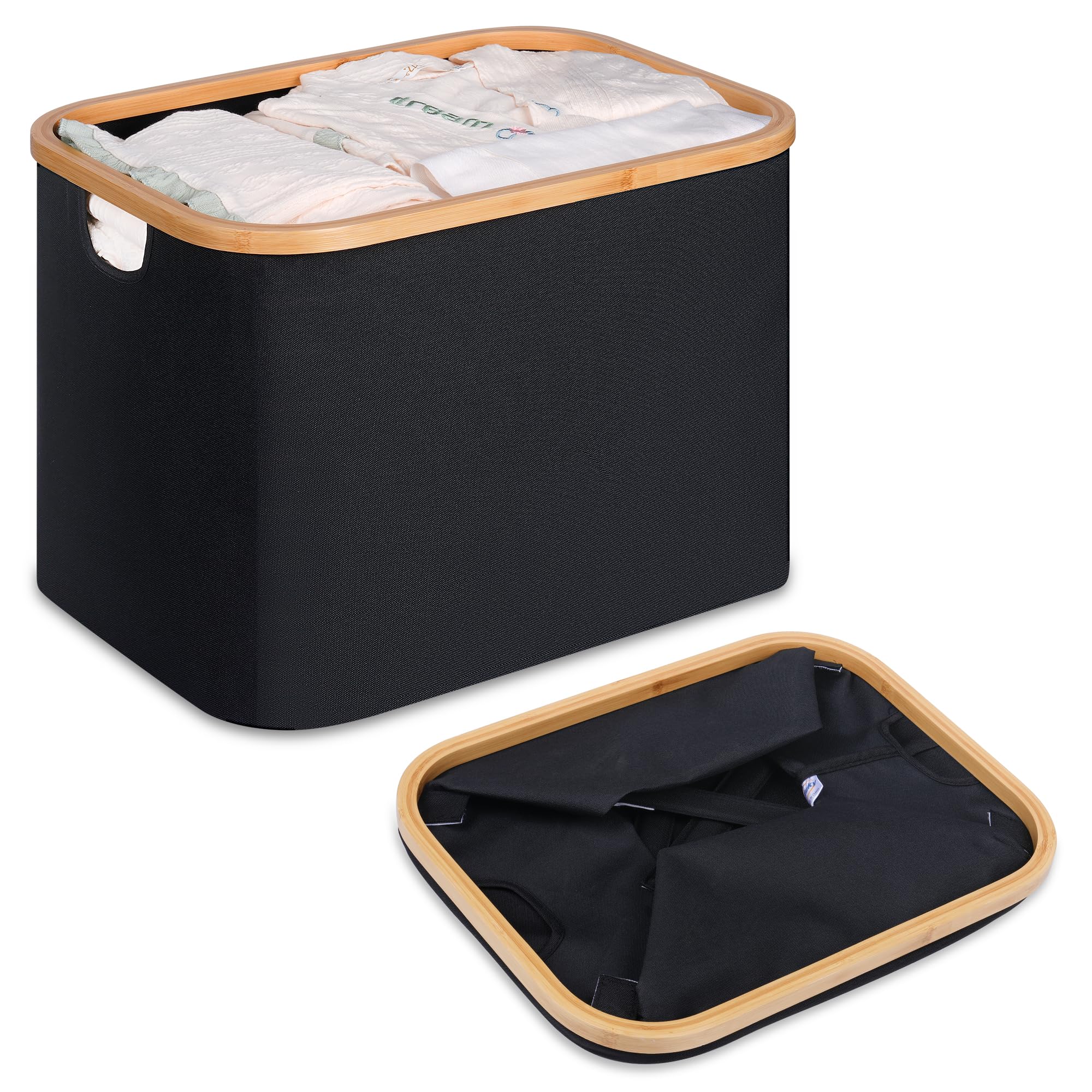 Cesto Portabiancheria Pieghevole 50L - 2 Pezzi Con Manici In Bambù, Nero, Per Camera E Bagno - Foto 10