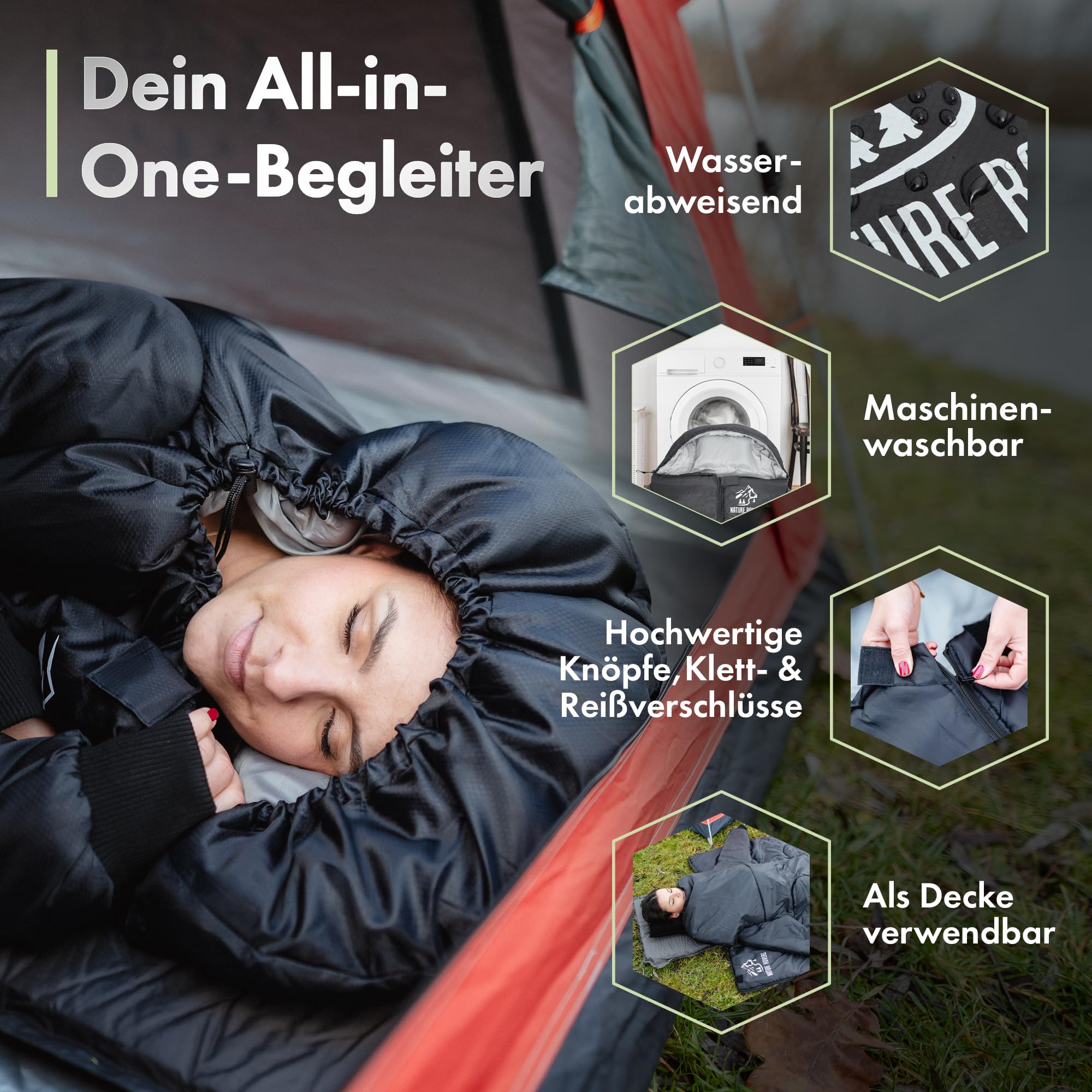 Schlafsack [mit Ärmeln] – Schlafsäcke für Erwachsene, Outdoor & Camping [3 Jahreszeiten] Deckenschlafsack mit Öffnungen an den Füßen | 220x80cm, wasserabweisend | Inkl. Kissen | Nature Rovers