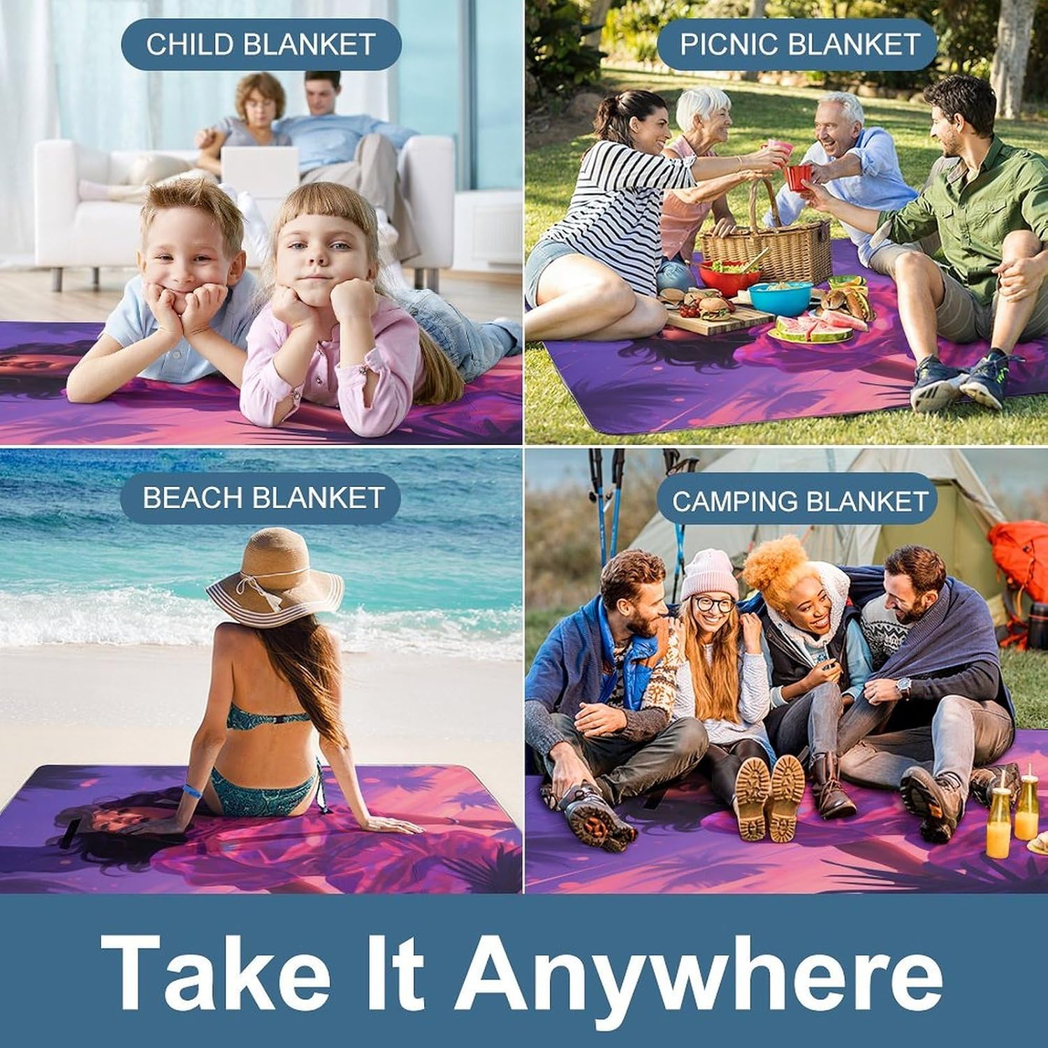 Purple and Pink Woman Foldable Waterproof Outdoor Picnic Mat for Beach, Camping & Park - Outdoor Rugs with Sponge Padding
