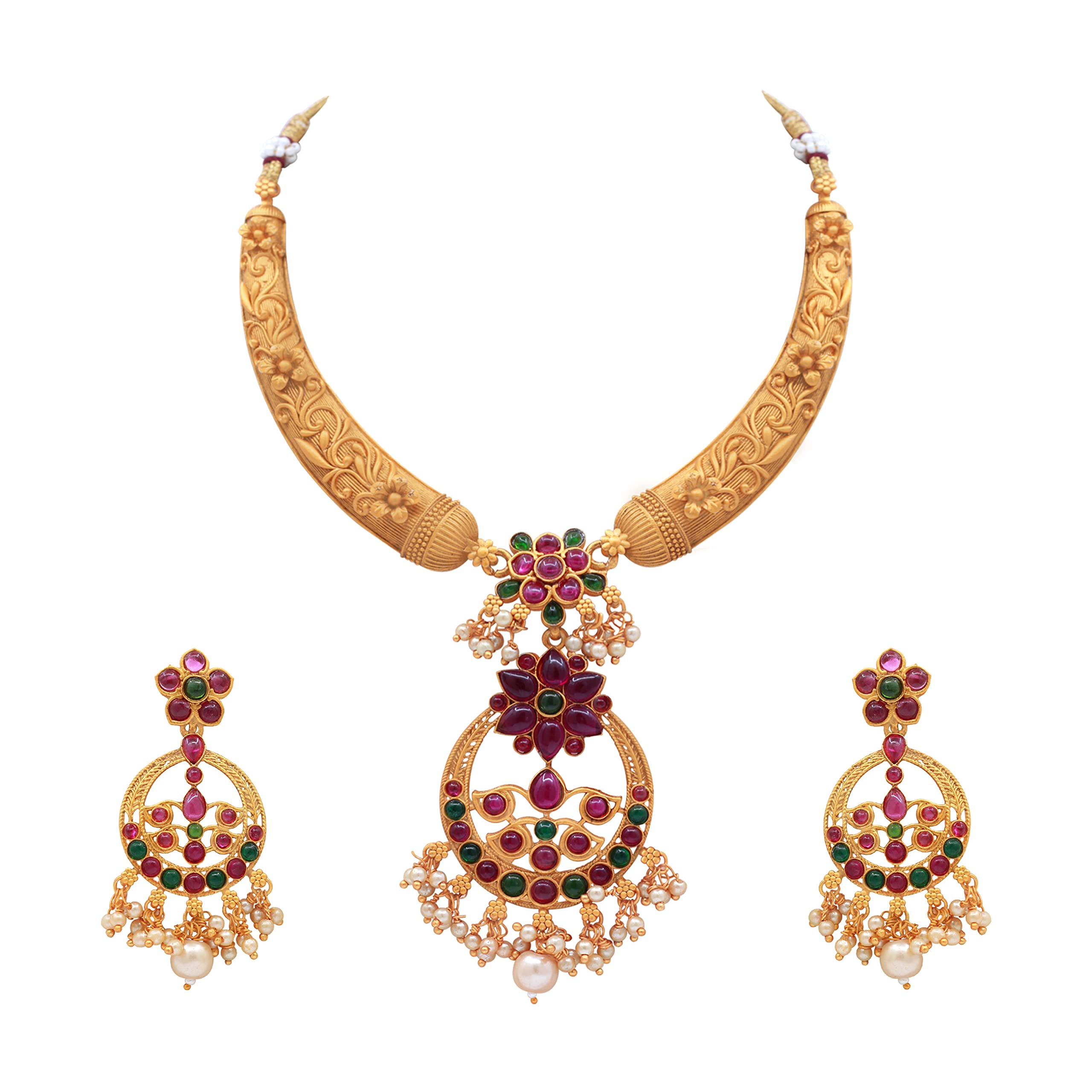 SAIYONI Traditional Latest Matte Finish Floral Designer Pendant Stylish Choker Artificial Stone & Pearl Necklace With Earring Jewellery Set - Multicolor (B0BCGW1CC9) Amazon Price History, Amazon Price Tracker