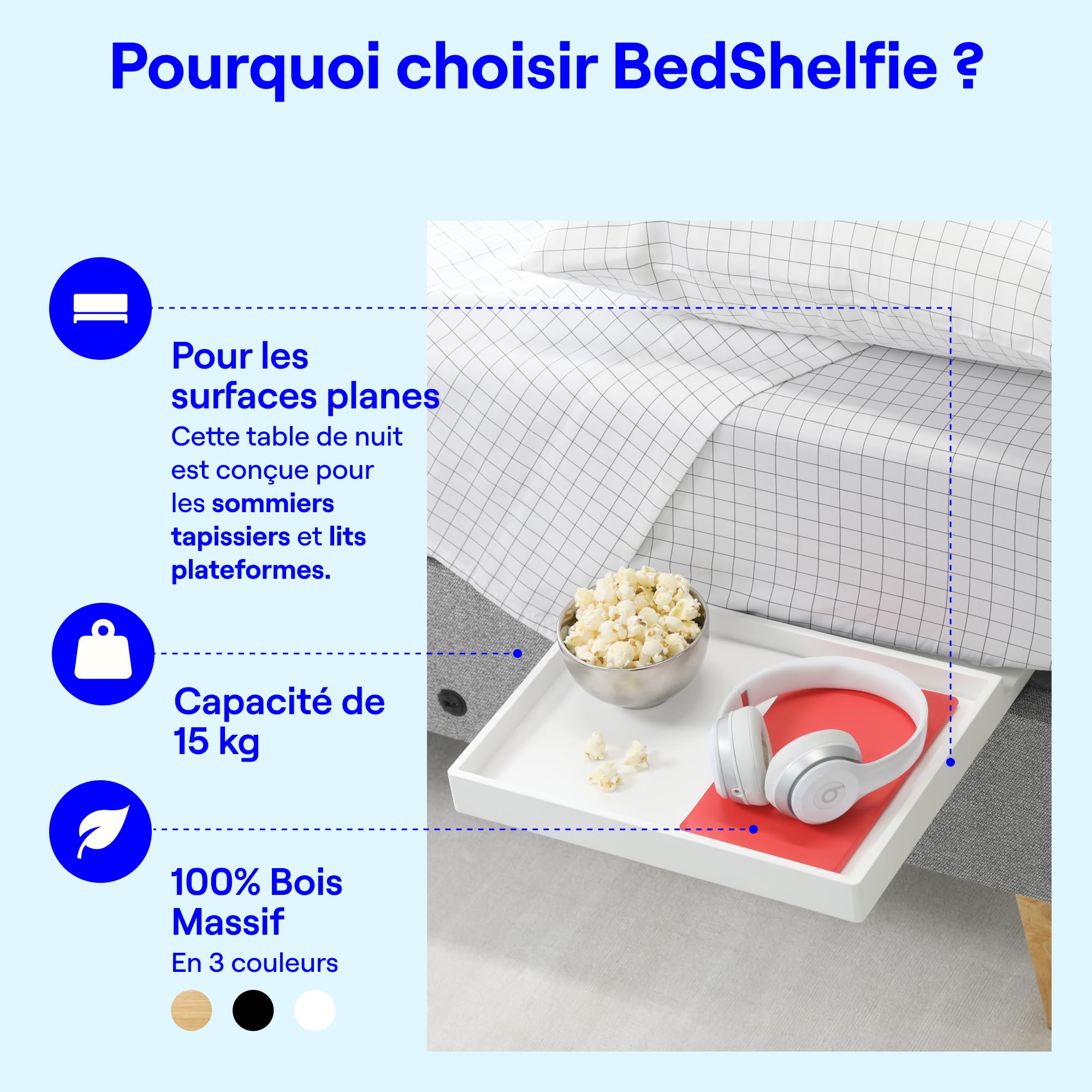 BedShelfie Table de Chevet Suspendue au Lit, Tablette Idéale pour Lits Superposés d'enfants et Chambre Étudiante, Étagère pour Lit Mezzanine, Table de Nuit Clip-on ou à Faire Glisser, Blanc