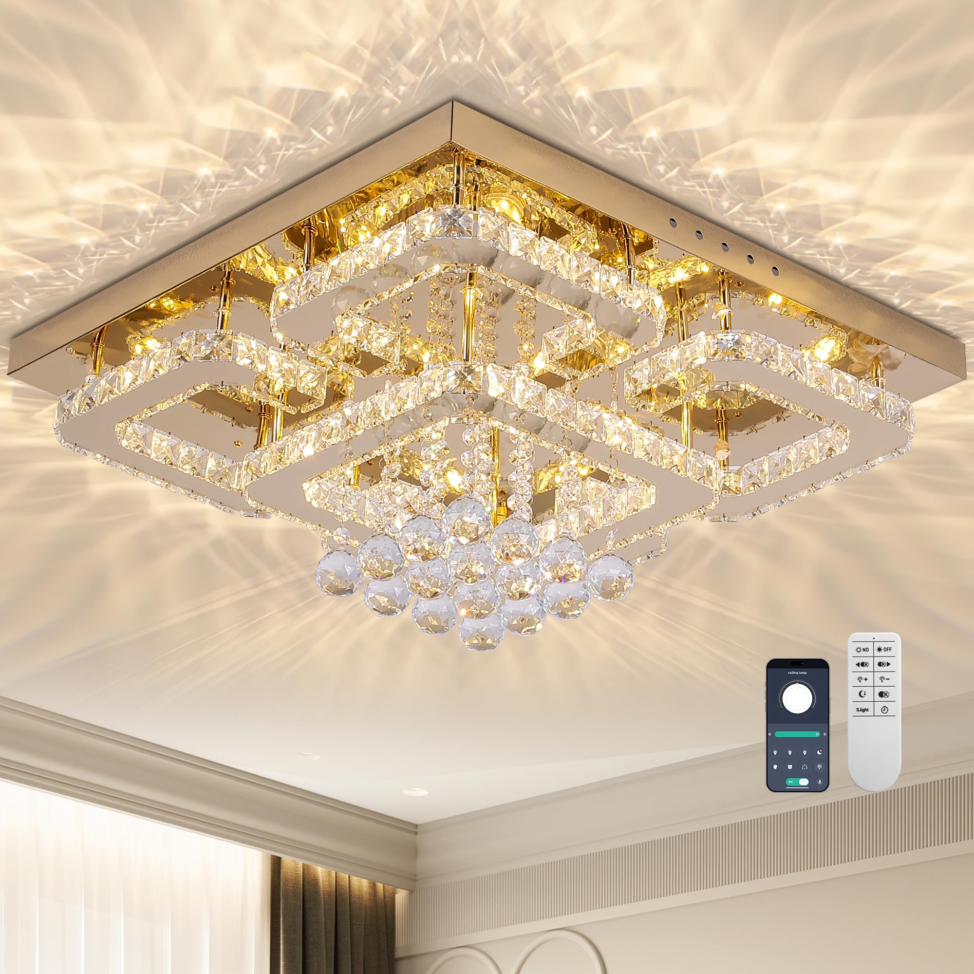 KINGTORO Gold Crystal Chandelier with Remote Square, 24" Flush Mount Ceiling Light Fixture,Dimmable Timer 3-Color Modern LED Raindrop Chandelier for