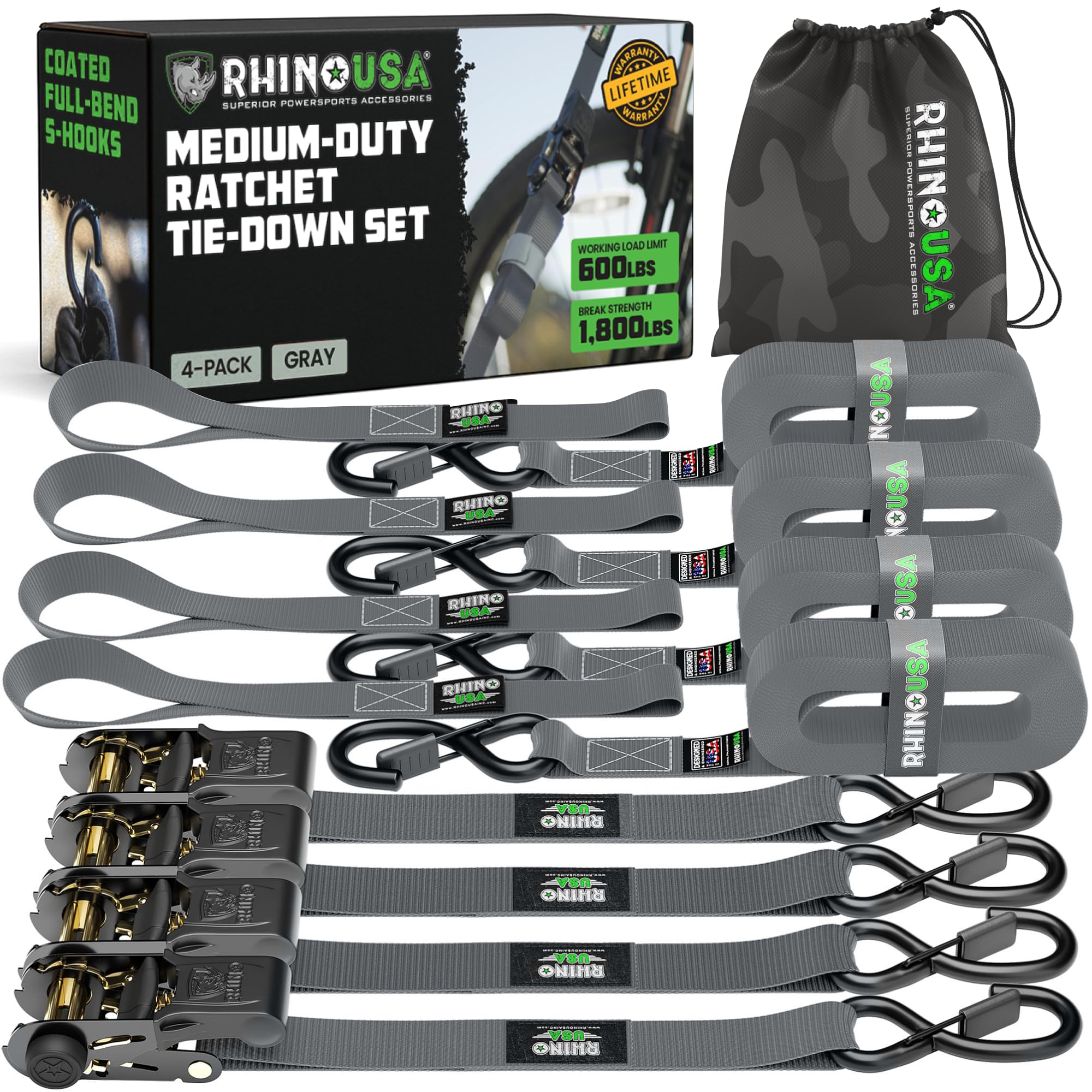 Rhino USA Ratchet Straps Tie Downs (4-Pack) - 2.5cm x 4.6m (800kg Break Strength) - Ultimate Tie Down Straps with Safety S Hooks - Premium Straps for Trucks, Cargo, Moving, Appliances - Grey