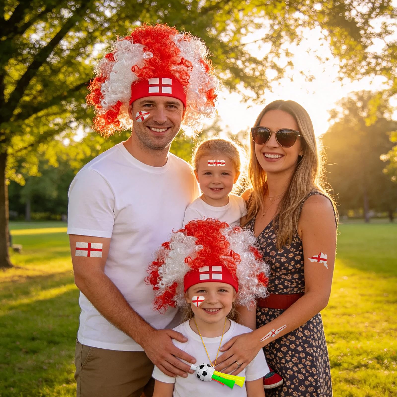 2026 Soccer Fan Gear Set – England Flag Clown Wig, Temporary Tattoos & Loud Horn – Cheer Accessories for International Football Matches, Stadium Parties & Global Tournament Celebrations — view 6