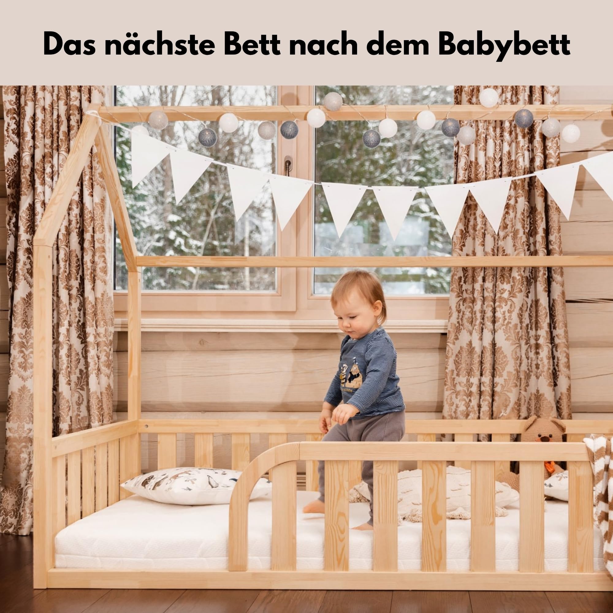 Bodenbett 90x160 für Kleinkinder, Montessori Hausbett aus FSC-Kiefernholz Weiß, Kinderbett mit Lattenrost und 41 cm Rausfallschutz, Einstieg Links