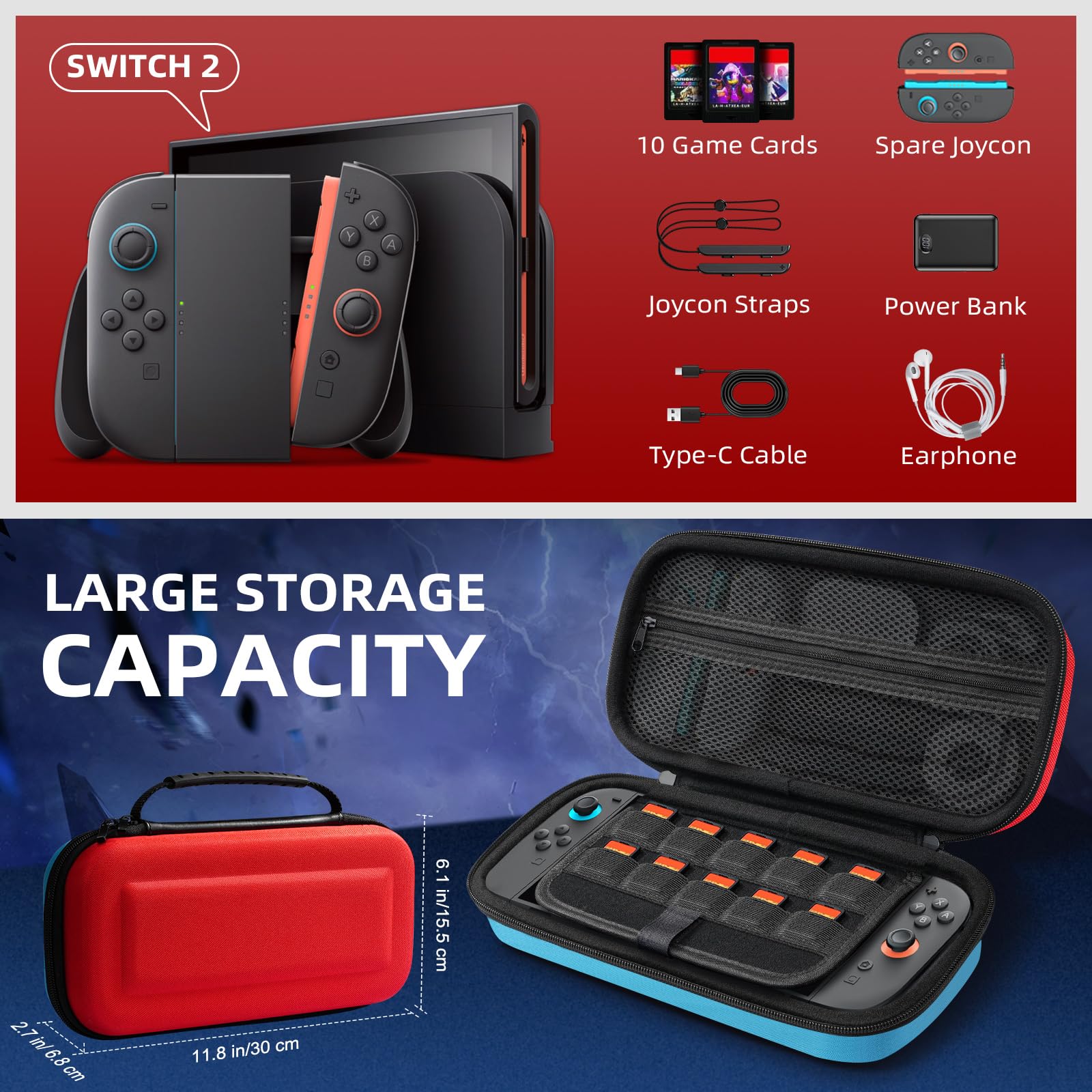TiMOVO Carrying Case for Nintendo Switch 2 2025, Large Capacity Protective Hard Shell Portable Travel Case Pouch for Switch 2, with 10 Game Card Slots and Pockets for Console & Accessories, Blue+Red