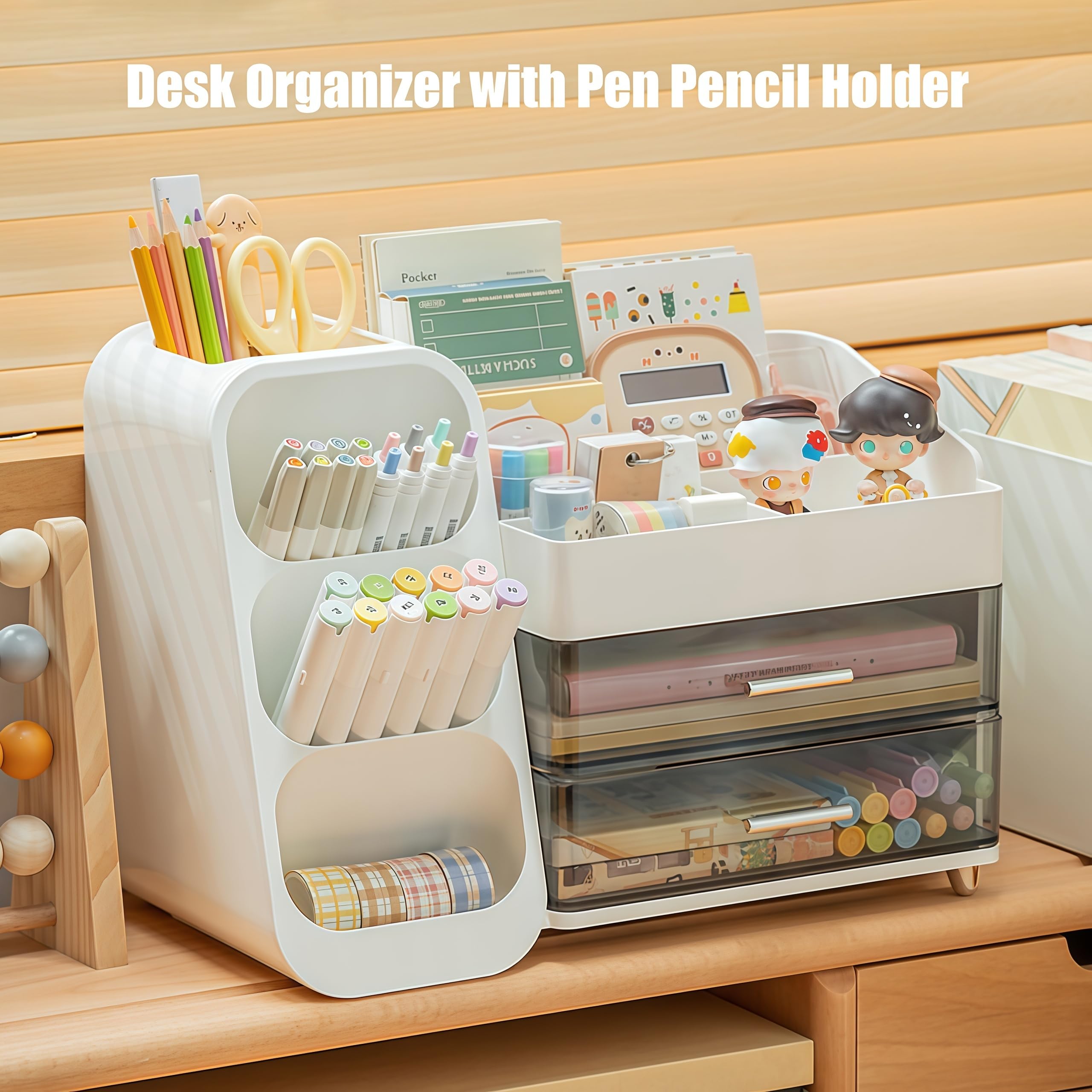 Organizer da scrivania con portapenne, portapenne con 2 cassetti e 4 scomparti, organizer da scrivania e portaoggetti per ufficio, casa, scuola, forniture artistiche (rosa)