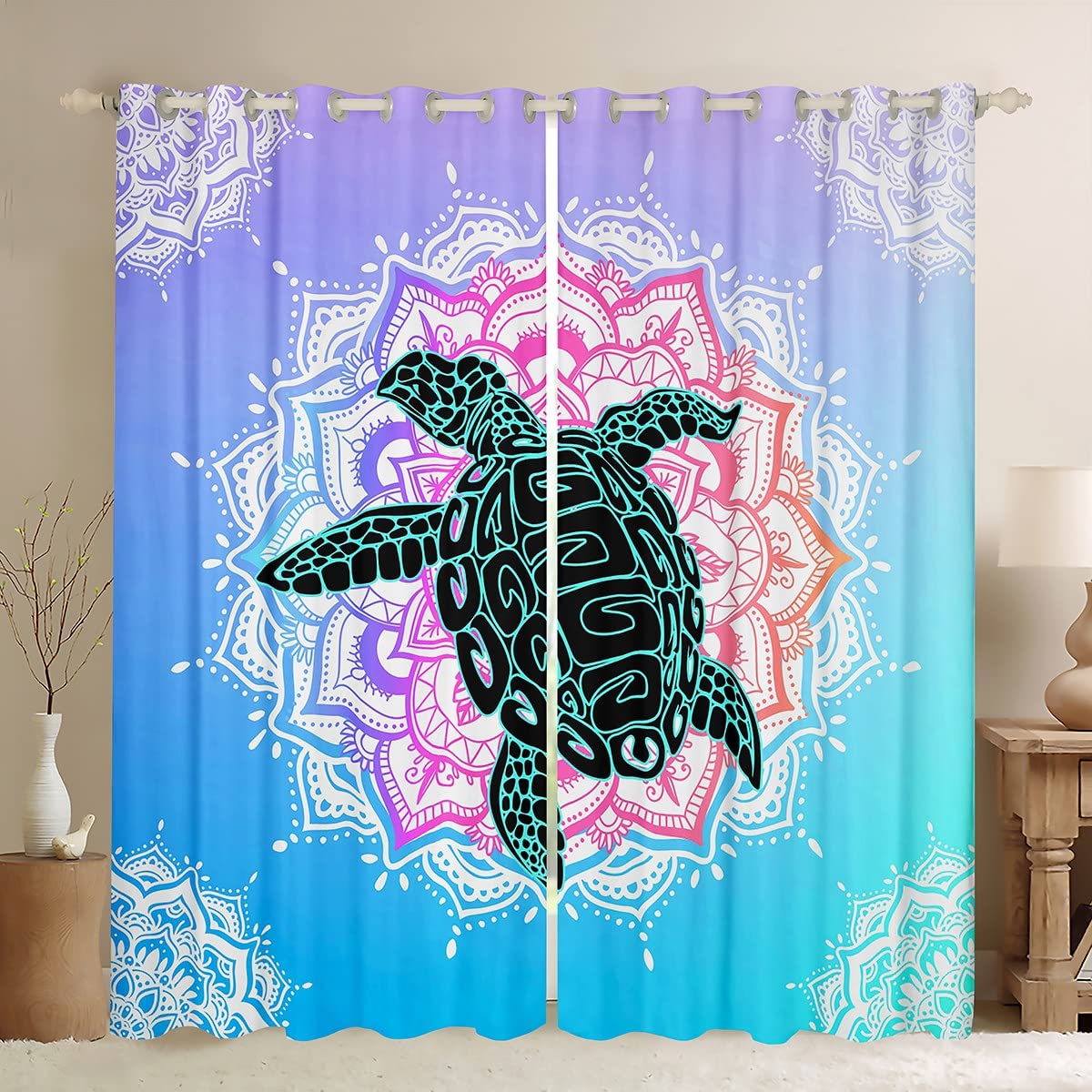 Sea Turtle Window Curtain Watercolor Mandala Floral Curtains Tribal Boho Style Window Treatment Curtain for Kids Teens Girls Boys Bedroom Decor Undersea Animals Window Drapes,Top 2 Panel,52Wx96L