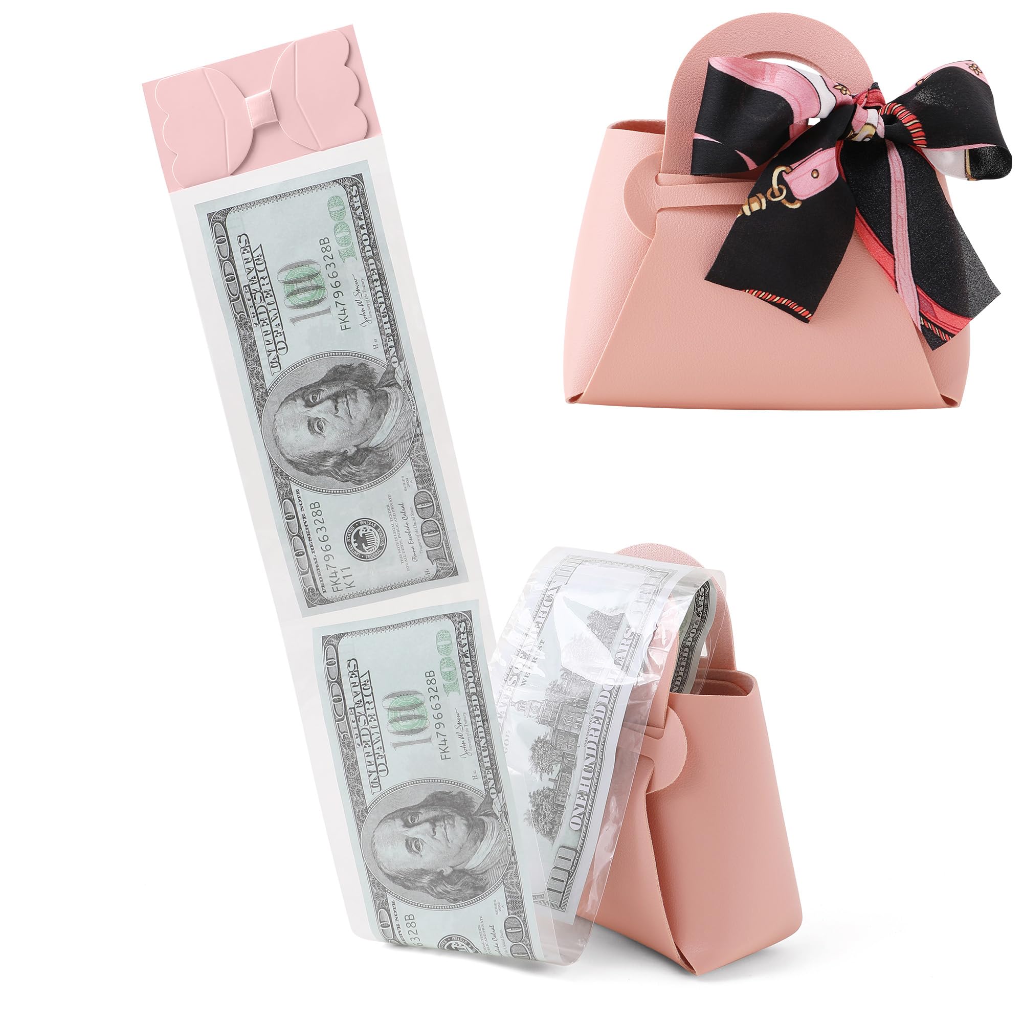 Photo 1 of ***SMALL CUT ON  HANDLE/MISSING RIBBONS***Vane Oak Money Pull Box for Cash, Surprise Money Boxes with Ribbon Leather Mini Bags with 30 Pcs Transparent Bags for Birthday Party Christmas (Pink)