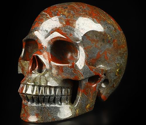 Calavera de cristal de jaspe de sangre de dragón de 5.0 pulgadas, escultura de arte fino de piedras preciosas talladas a mano, estatua de piedra