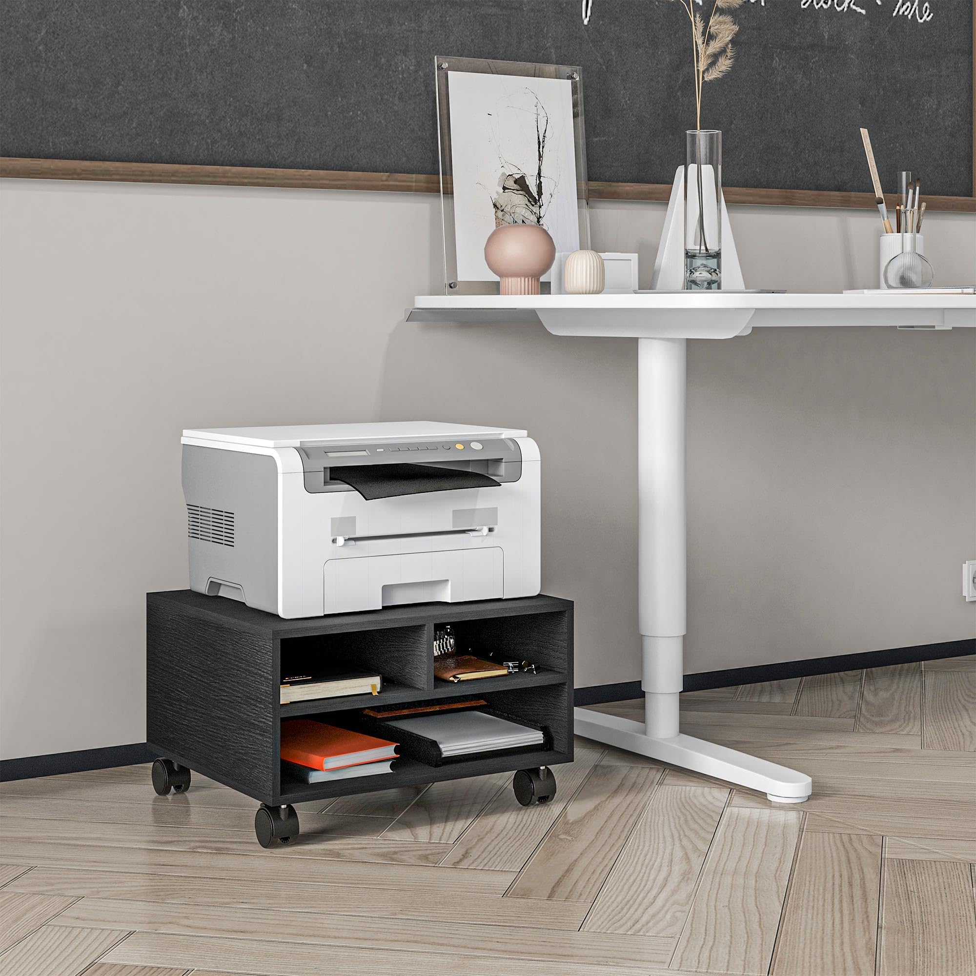 HOMCOM Mobile Porta Stampante a 2 Ripiani, Mobiletto per Ufficio e Studio in Legno con Ruote, 47x40x22.5cm, Nero