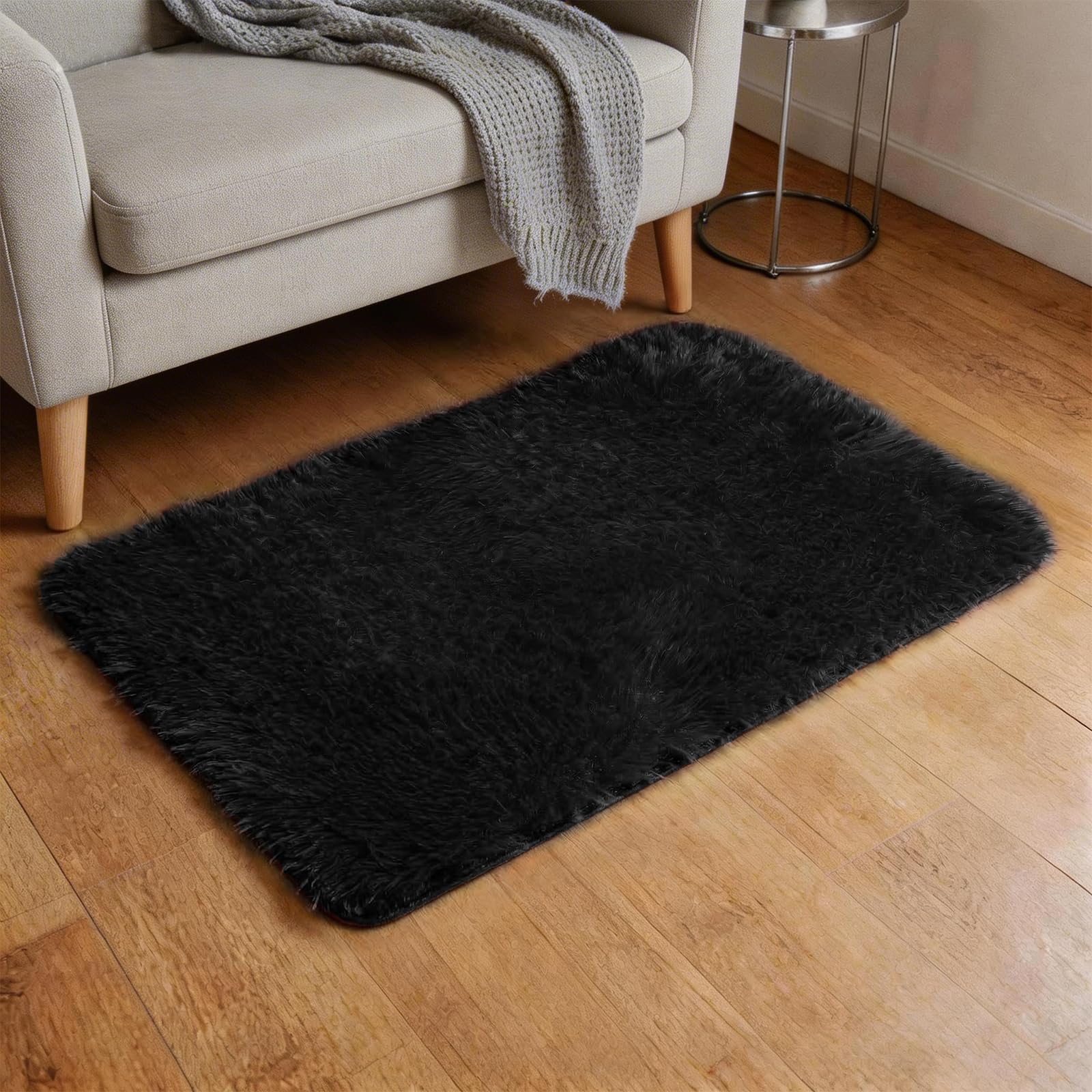 sourcing map Small Fluffy Rug, 40 x 60cm Fluffy Carpet Mat Small Area Rug Soft Runner Shaggy Washable for Bedroom Bathroom Car Dorm Locker Photography Props Background Decoration, Black