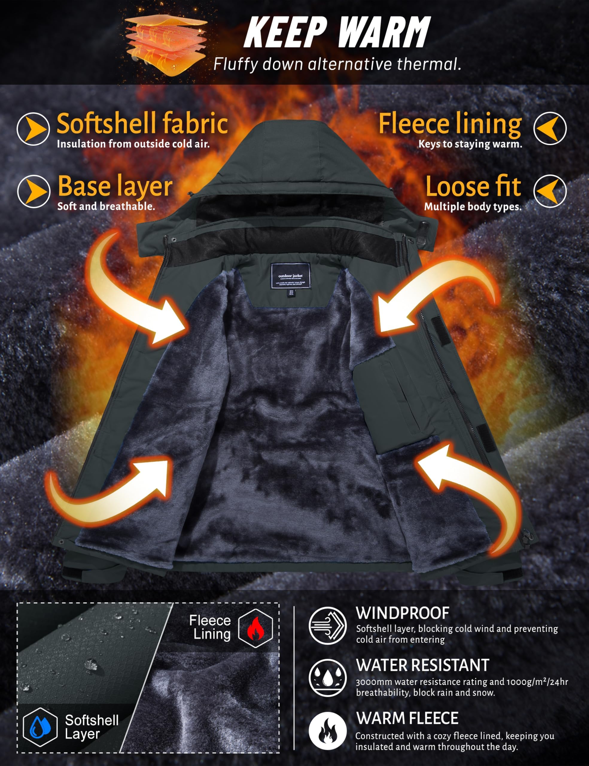 TACVASEN Impermeable Chaqueta de montaña vellón Hombres Esquí Caliente Multi-Bolsillos