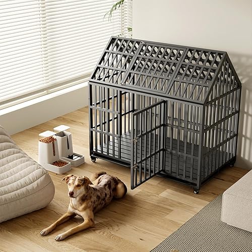 Miniatura 7 de Jaula indestructible para perros de 52 pulgadas, XL  XL con techo abierto, 4 ruedas con bloqueo y 2 bandejas, jaula de impacto a prueba de fugas