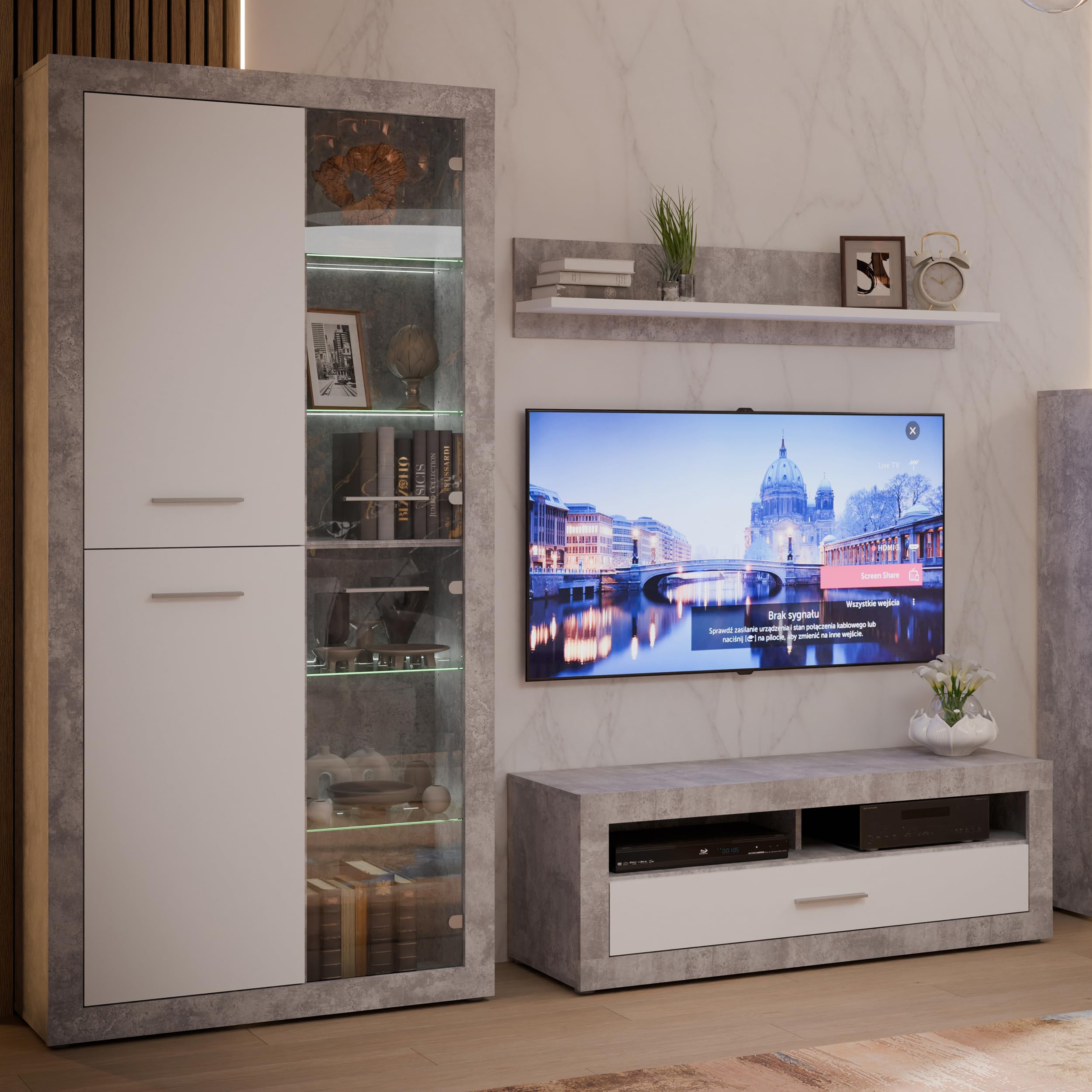 Forte Finley Wohnwand 330, Moderne Wohnwand mit TV Schrank, Vitrine, Wandpaneel und Kommode, Holzwerkstoff, Weiß mit Betonoptik Akzenten, 328,4 cm breit x 193,7 cm hoch x 41 cm tief