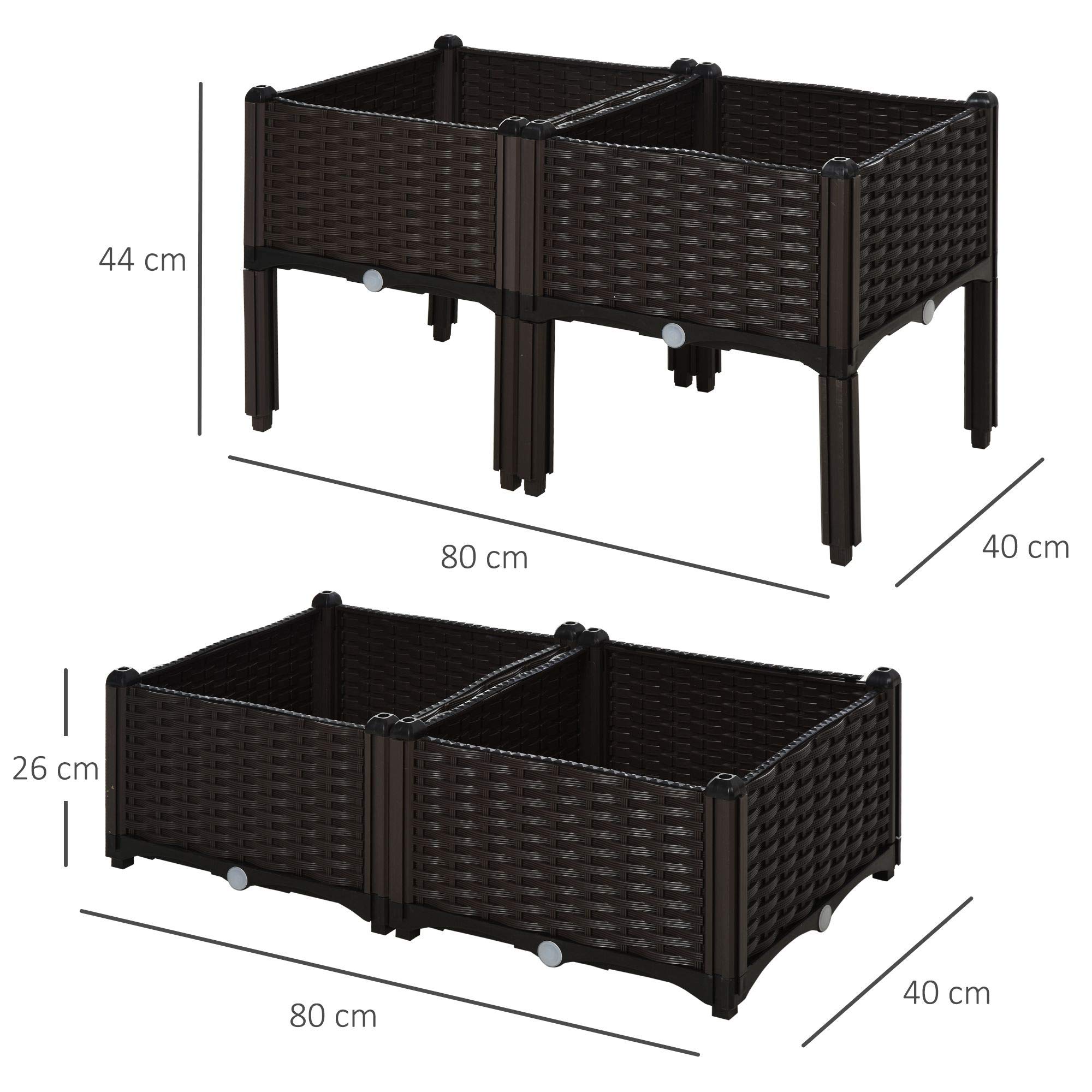 Outsunny Jardinière sur Pieds carré Potager 80L x 80l x 44H cm Chocolat | 2 Étages, Insert d'irrigation, Plastique Imitation Rotin Tressé