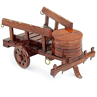Wooden Bullock Cart Serving Round Wooden Table Coasters | Tea & Beverage Serveware Coaster Trays for Glass & Cup | Functional Portable Lovely Home Decor Gifts Ideas [B08NHFVFGV]