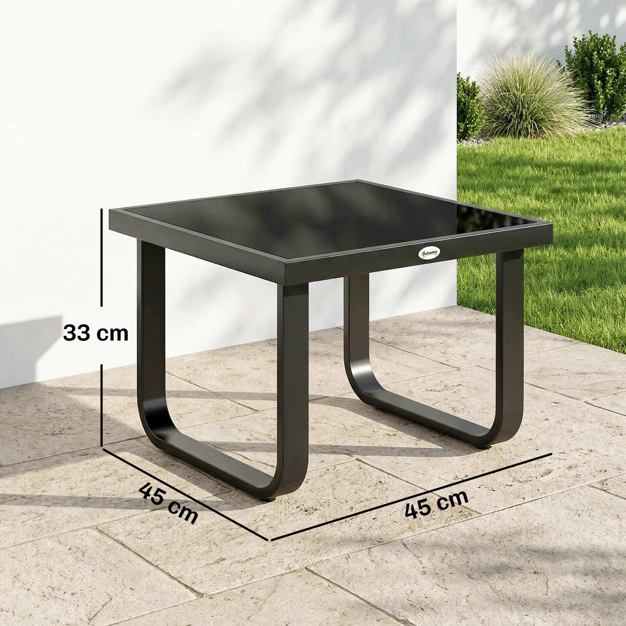 Outsunny Metal Garden Coffee Table, Outdoor Rectangle Side Table with Tempered Glass Tabletop and Adjustable Foot Pads for Terrace, Balcony, Patio, 45 x 45 x 33 cm, Black — view 3
