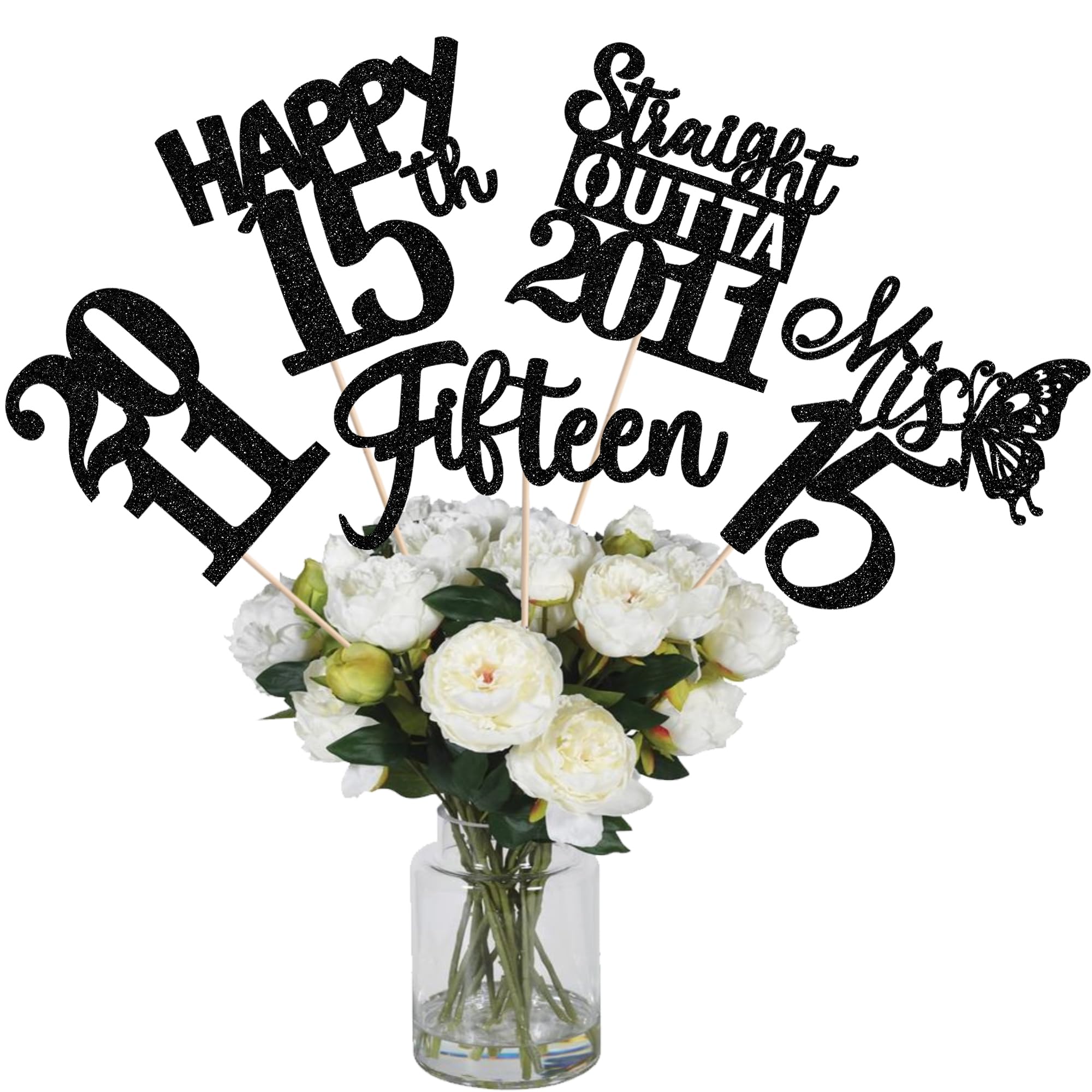 15 PCS 15th Birthday Centerpiece Sticks Fifteen Happy 15th Straight Outta 2011 Table Flower Centerpieces Sticks Cheers to 15 Floral Decorations for 15th Birthday Party Centerpieces Supplies Black