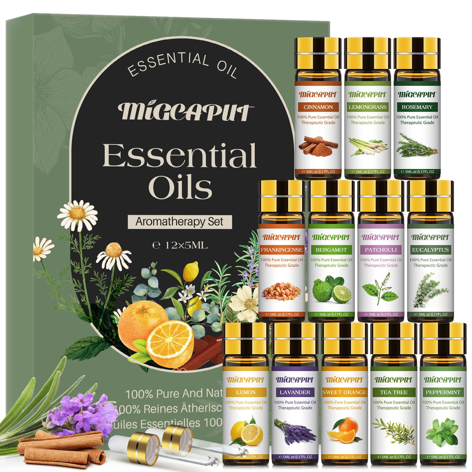 MIGCAPUT Zestaw Olejków Eterycznych 12 x 5ML, 100% Naturalne Aromaterapia Olejków Zapachowych do Dyfuzory, SPA, Masażu - Lawenda, Mięta, Drzewo Herbaciane, Słodka Pomarańcza, Trawa Cytrynowa