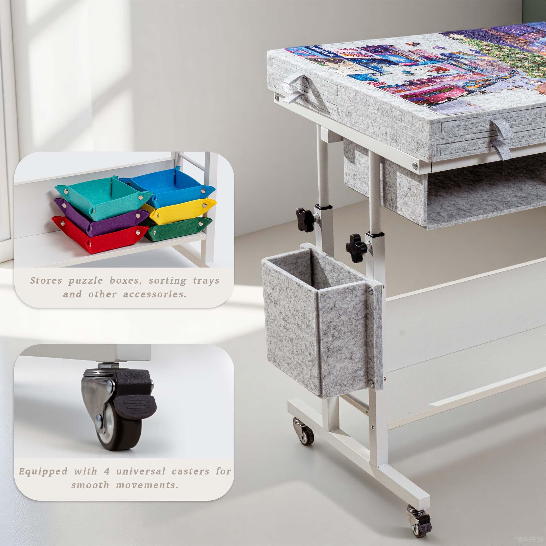 Tektalk Jigsaw - Lot de 2000 Puzzles Pliables en Feutre - avec réglage de la Hauteur - pour Adultes - avec 2 couvertures et 8 Plateaux de tri - Facile avec Jambes - avec 4 Roues à roulettes - Gris