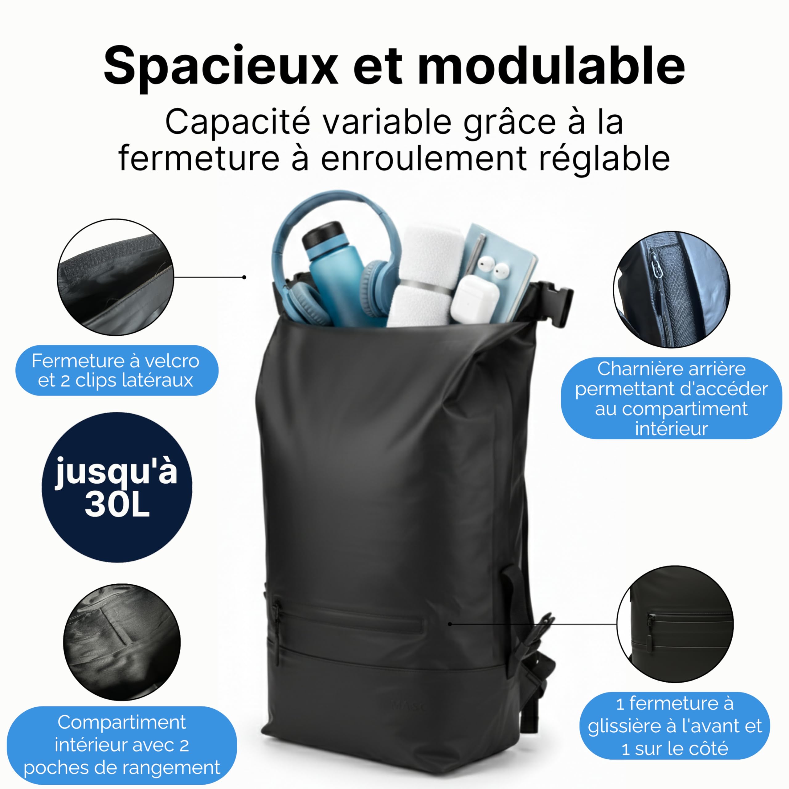 MASC Sac à dos Rolltop pour bureau, sac à dos de travail, porte-PC 17 pouces, élégant et imperméable, parfait pour homme et femme