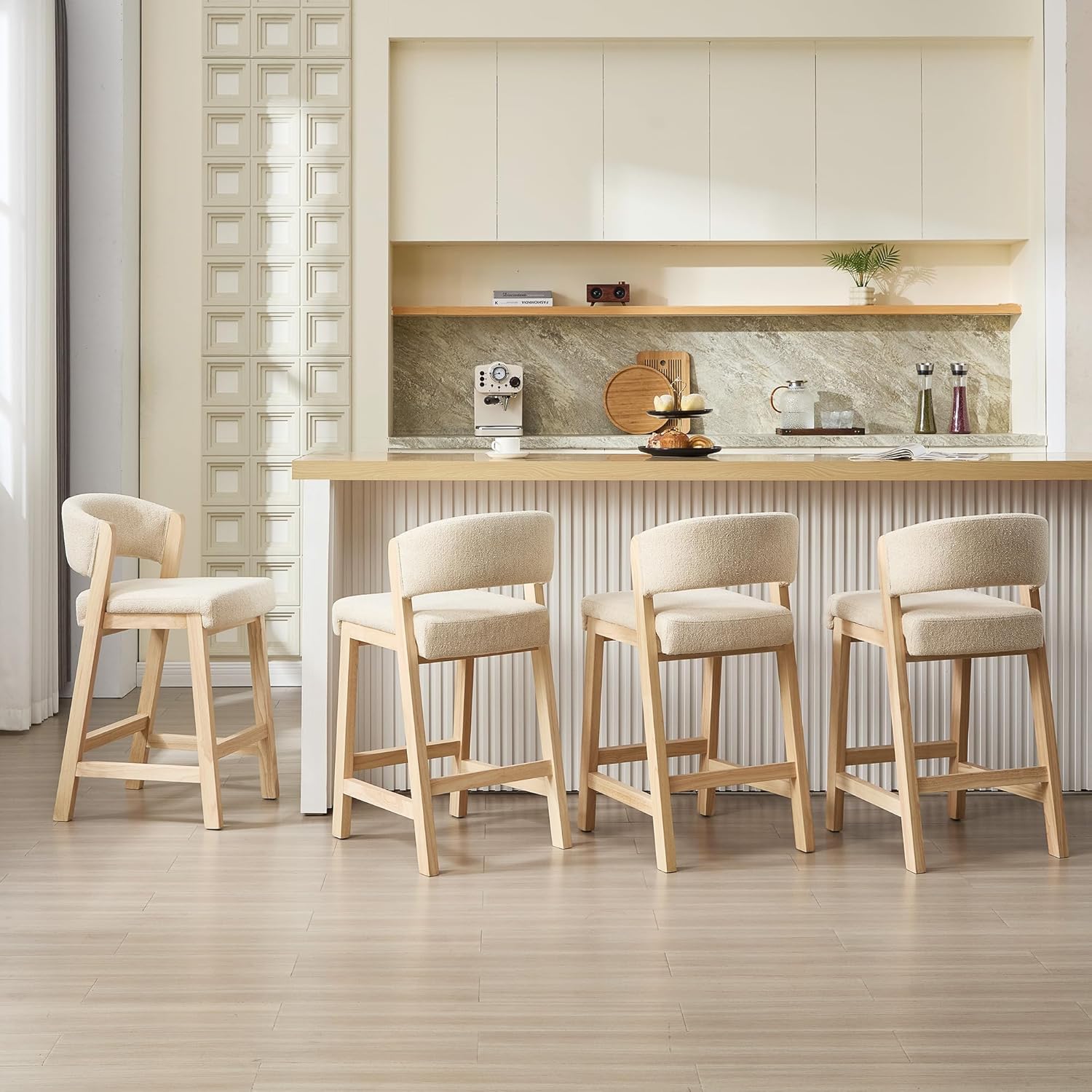 Solid Wooden Bar Stools Counter Height (26''), Linen Upholstered Barstools with Ergonomic Backs, Modern Wood Counter Stools, Armless Kitchen Island Chairs Set of 2, Undyed Natural Tone