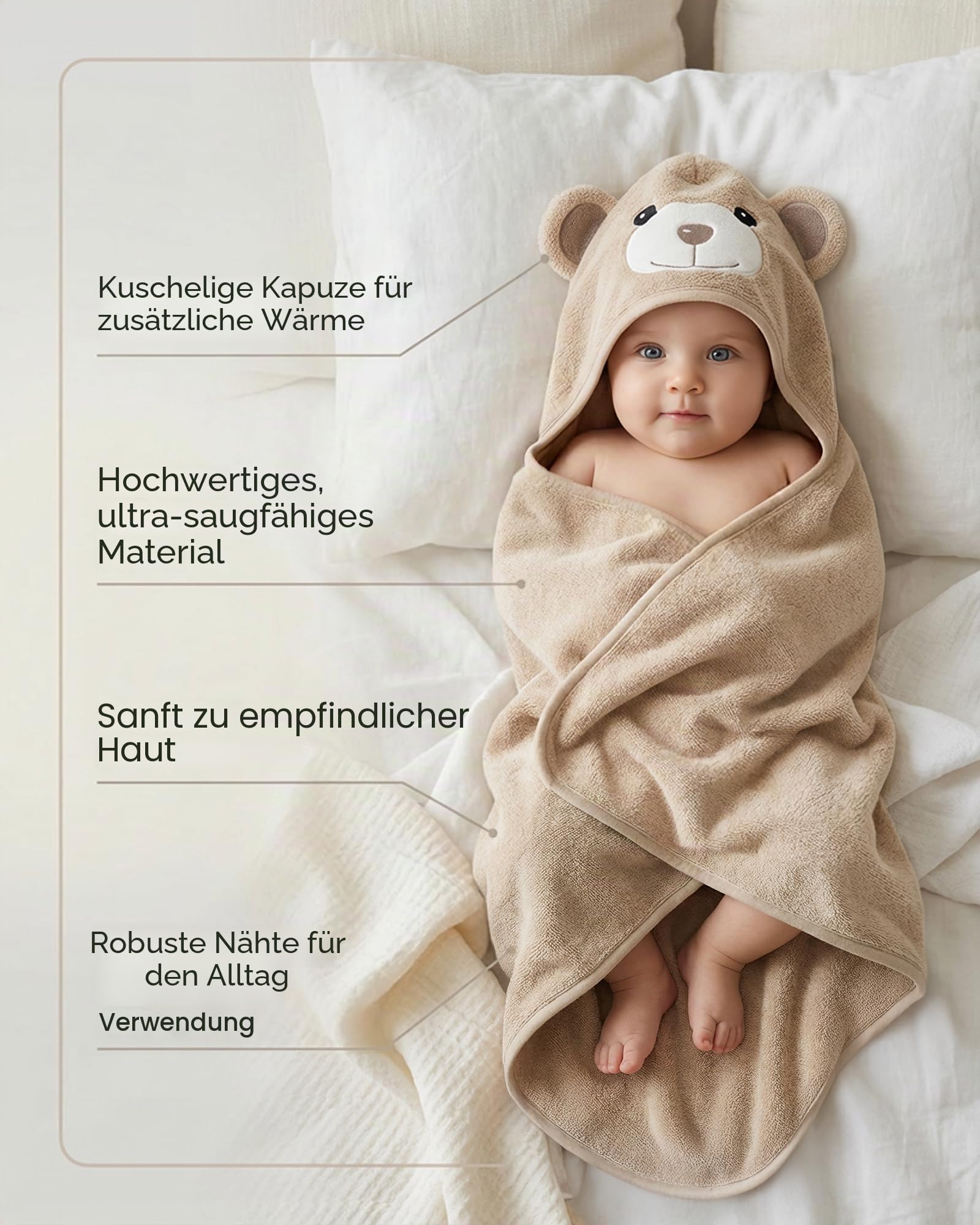MINIBOO Bambus-Kapuzenhandtuch Baby - Weiches, saugstarkes Babybadetuch mit Kapuze für Neugeborene, Kleinkinder und Kinder - Hypoallergenes Babyhandtuch