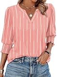 Blouses for Women Dressy Casual 3/4 Length Sleeve Womens Tops V Neck T Shirts with Smocked Cuffs