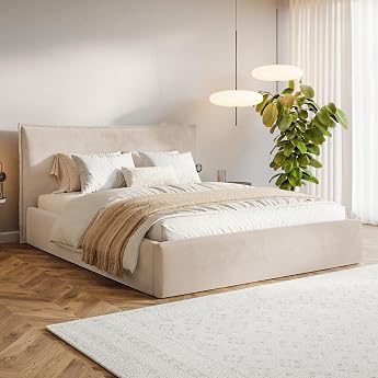 MOTIVENA Leno Bed 180 x 200 cm Beige Velvet with Storage Space, with Headboard, with Slatted Frame, without Feet, without Mat