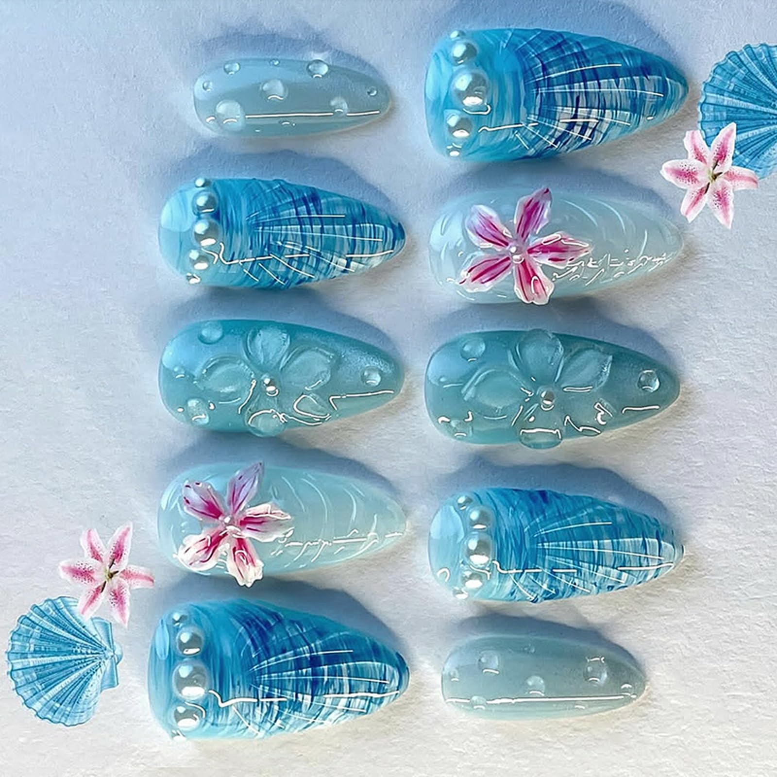 fexxkg Almond False Manicure Tips Blue Seaside Theme Artificial Nails, Translucent French Look with 3D Flower and Pearl Accent,