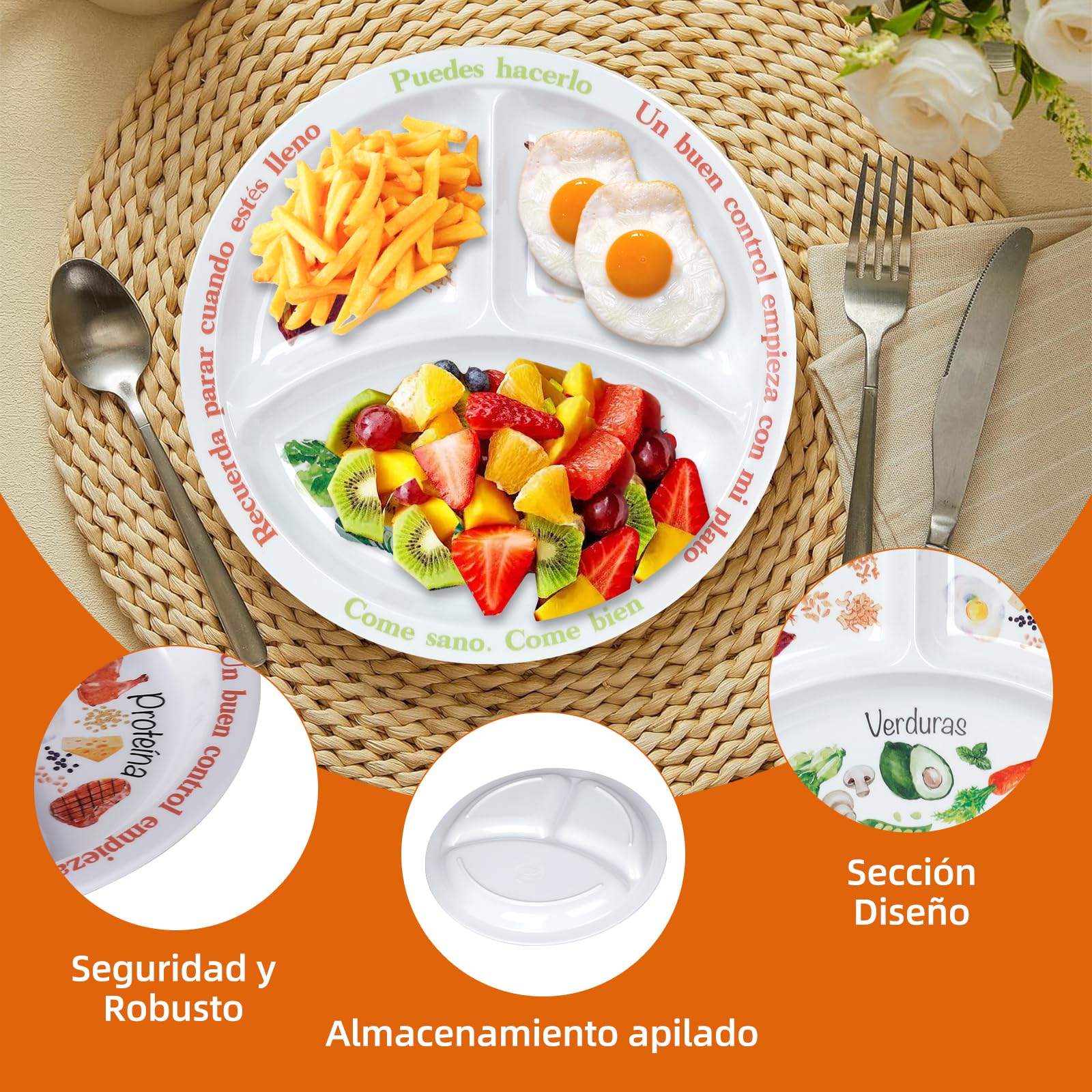 Plato de control de porciones para nutrición equilibrada – Platos de alimentación saludable para adultos y adolescentes – Separadores de melamina, pérdida de peso, diabetes (2)