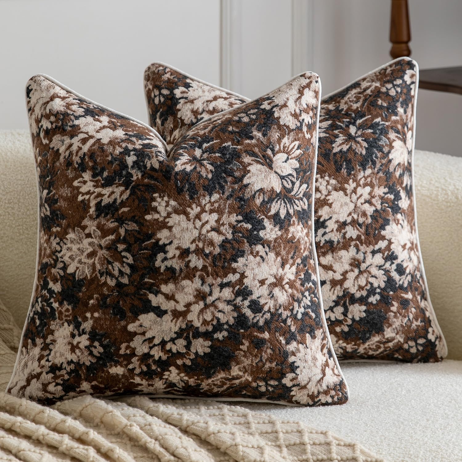 Madizz Pack of 2 Decorative Cushion Covers 50x50 cm Charcoal Cocoa Vintage Floral Throw Pillows Soft Solid Jacquard Pillow Covers for Couch Sofa Bedroom Living Room
