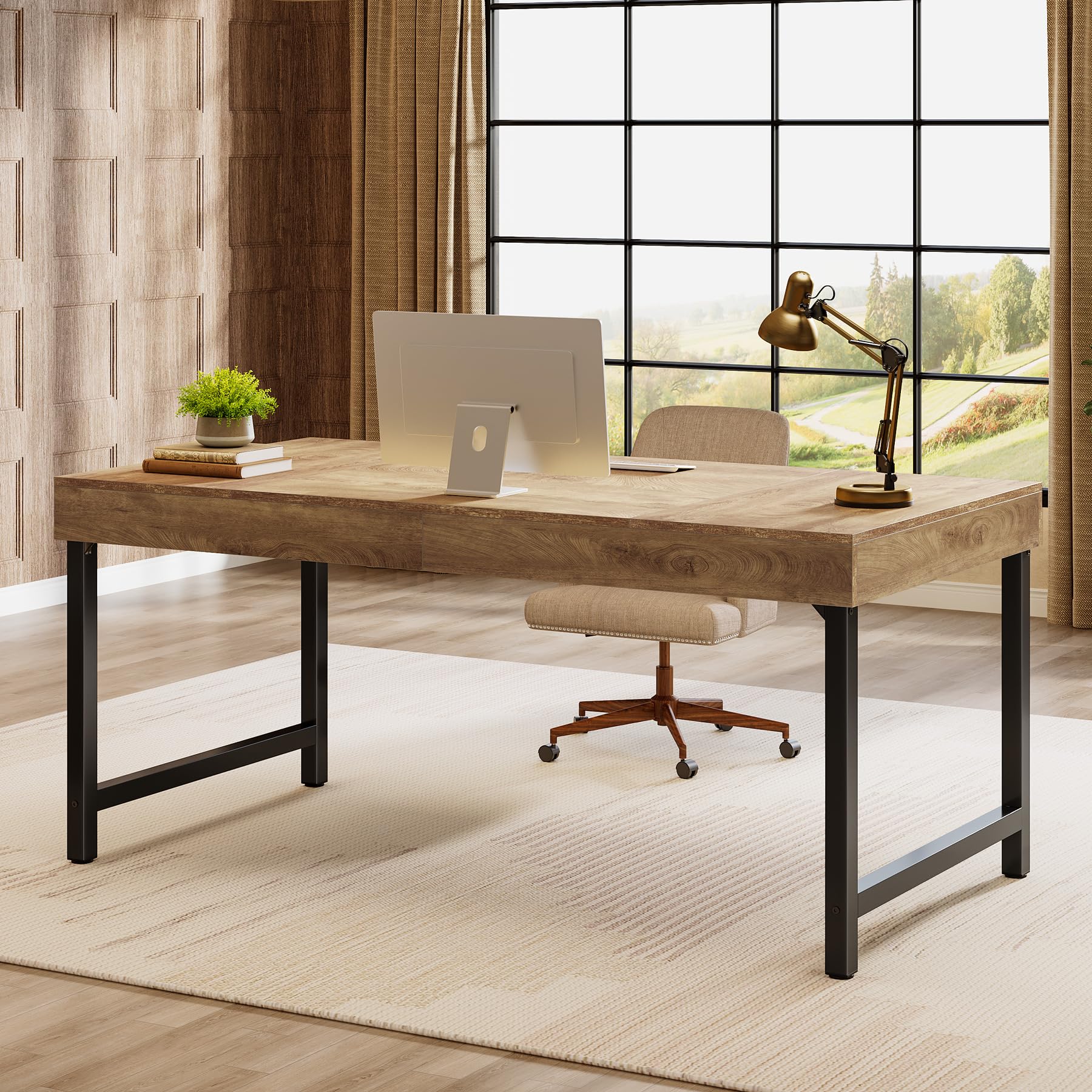 Tribesigns Escritorio de jefe industrial, mesa de ordenador para oficina en casa, mesa rústica simple para ordenador portátil con patas de metal fuertes, escritorio de trabajo, espacio de trabajo de