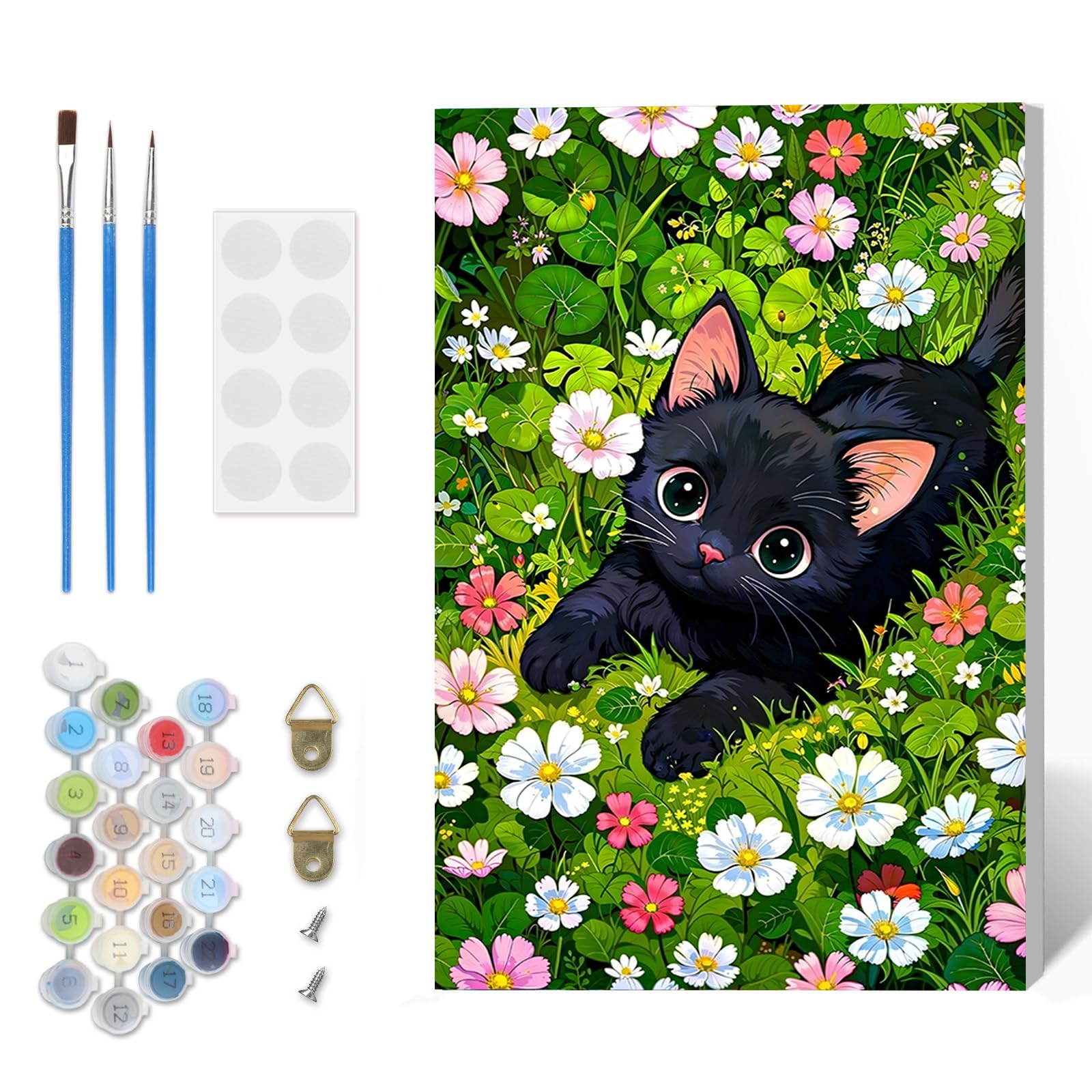 Paint by Numbers Kit for Adults Beginner with Frame, Black Cat Adults' Paint-by-Number Kits on Canvas, Flowers DIY Acrylic Painting by Numbers Easy Oil Painting by Number Kits for Home Decor, 8x12in
