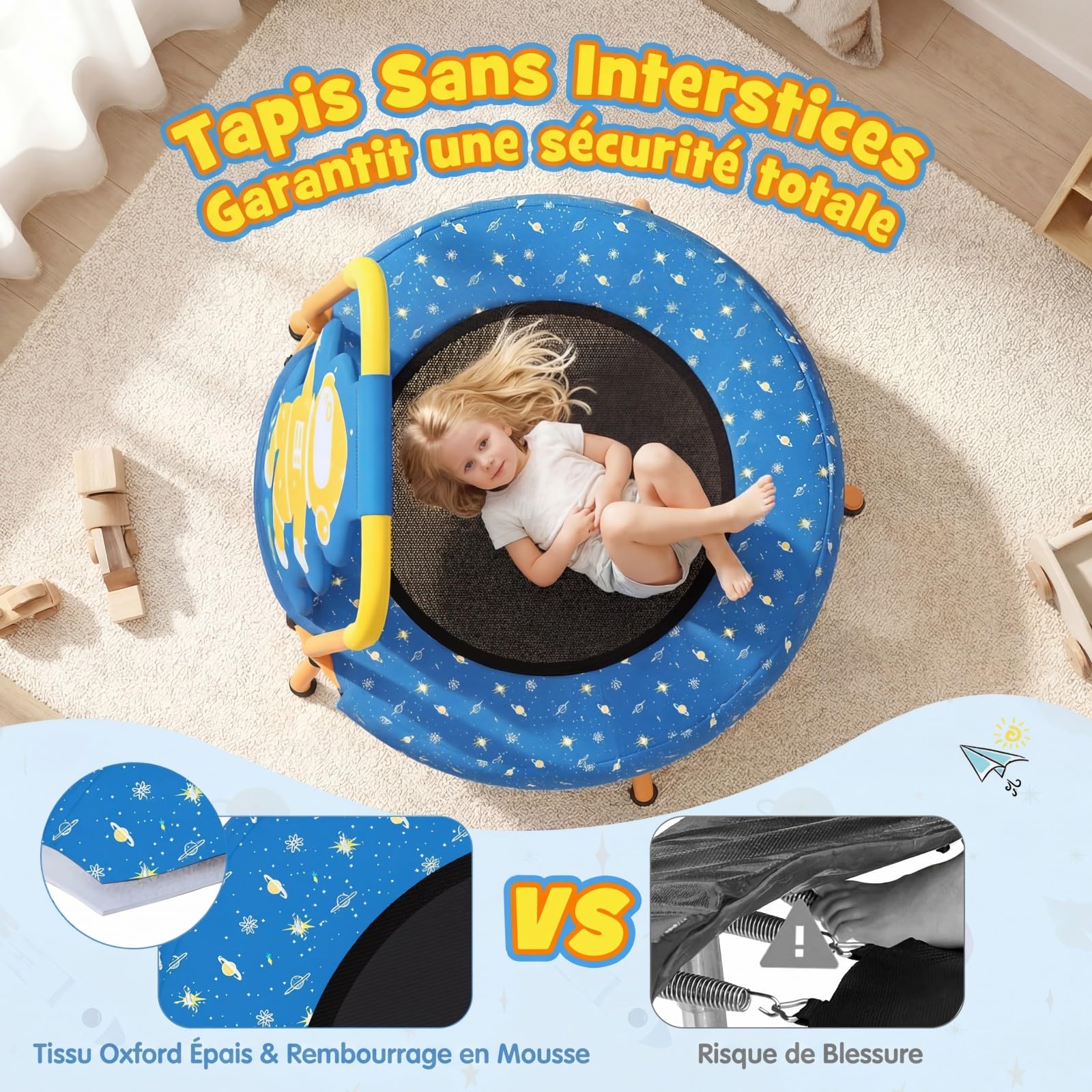 GYMAX Petit Trampoline Intérieur Extérieur pour Enfants 3 à 6 Ans, avec Poignée en Mousse, Tapis de Saut sans Entraves, Charge Max.80kg, Motif Ludique