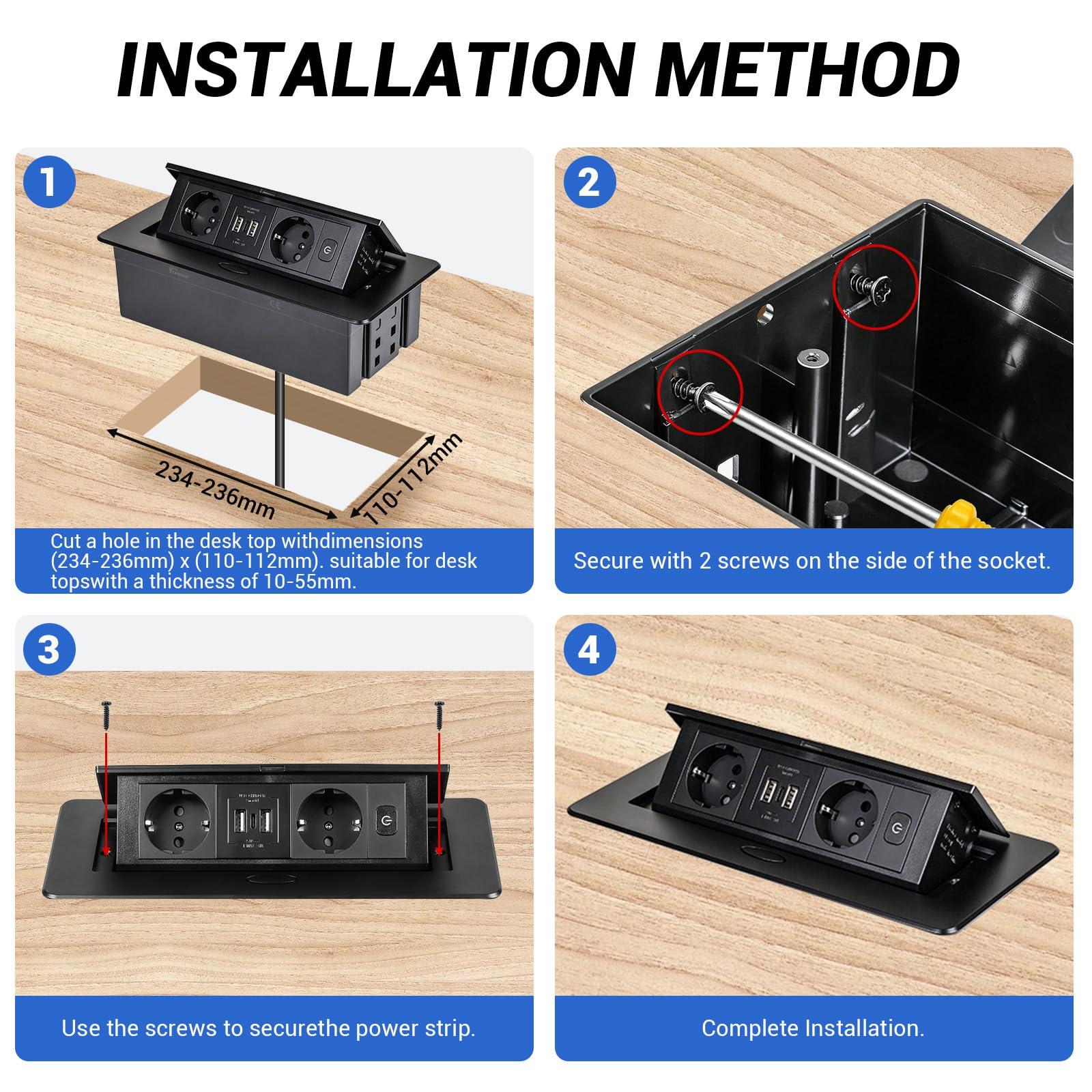 CPROSP Multipresa a Scomparsa da Incasso con 2 Prese e 3 USB (2a+1c) | Specifiche: Multipresa a Scomparsa da Incasso con 2 Prese e 3 USB (2a+1c)